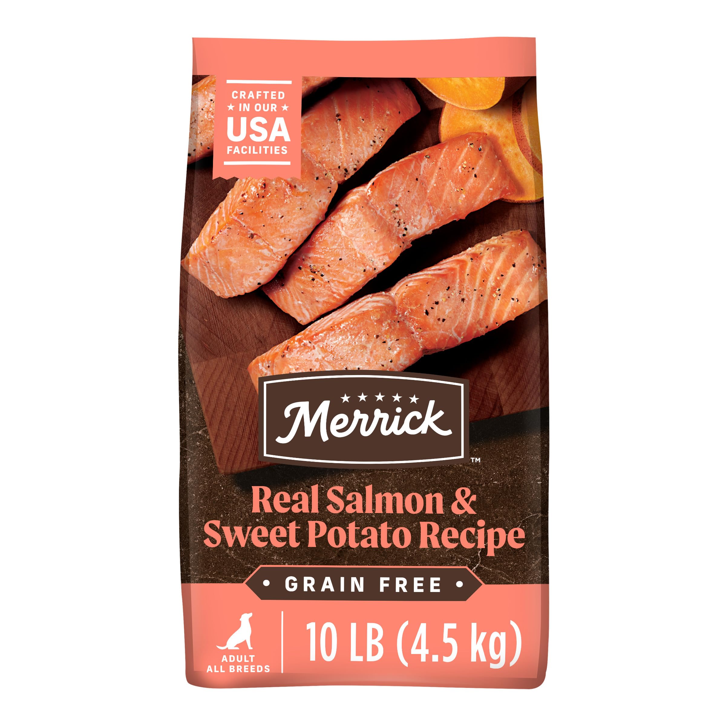 Merrick Premium Grain Free Dry Adult Dog Food with Real Salmon & Sweet Potato - 10 lb Bag | Natural Wholesome Kibble for Healthy Skin & Coat | Perfect for Active Dogs & Sensitive Stomachs