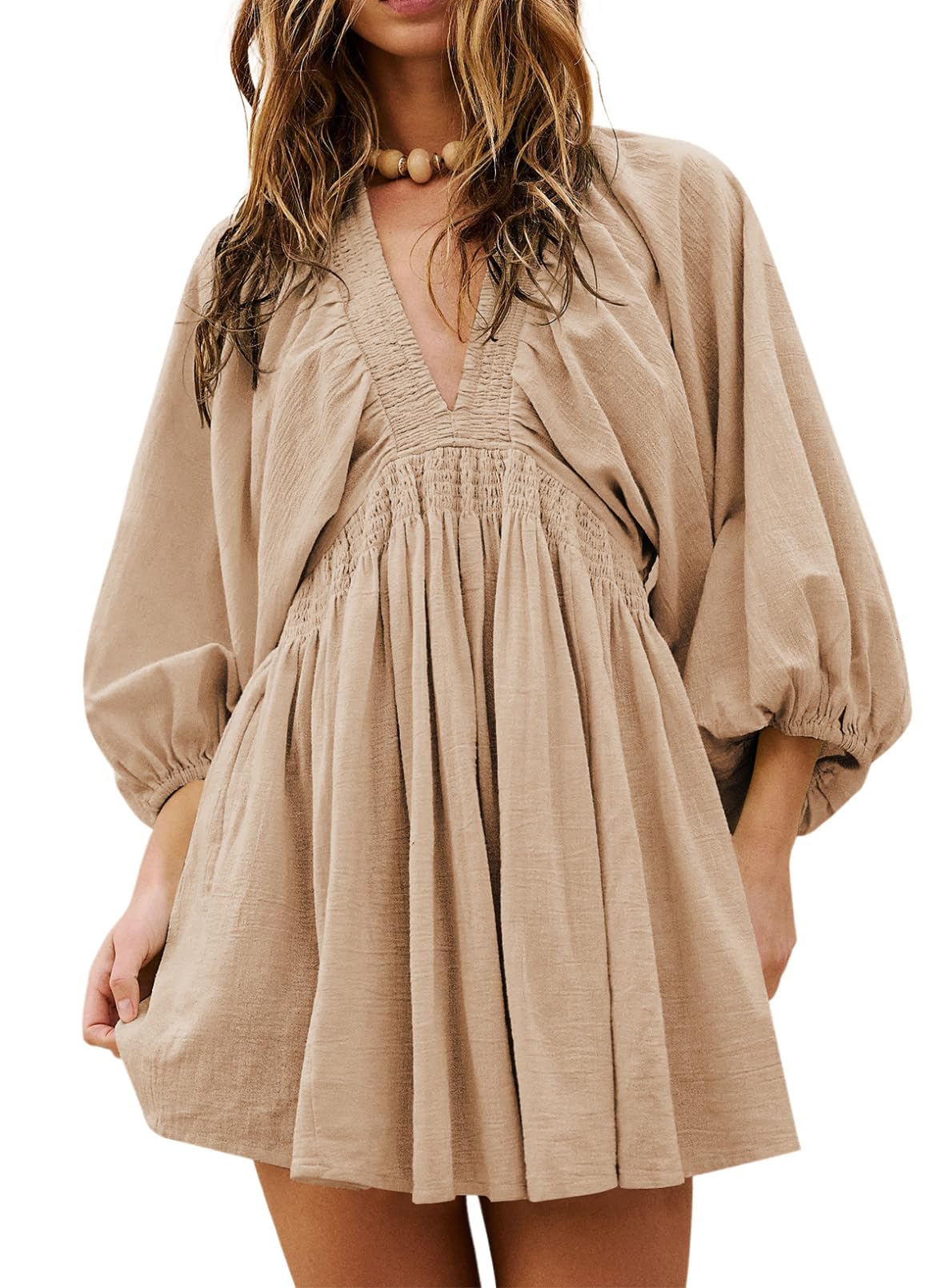 Acelitt Women's Long Sleeve V-Neck Flowy Ruffle Mini Dress - Casual Loose A-Line Babydoll Dress for Spring, Beach Vacation & Date Night Outfits