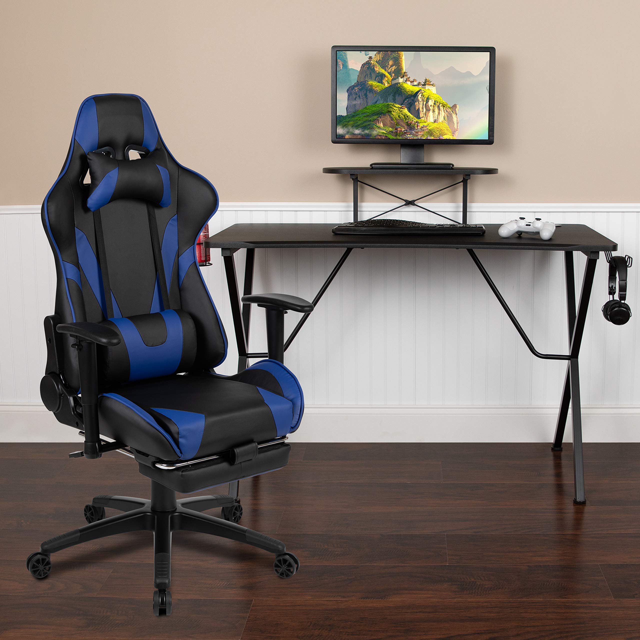 Flash Furniture Optis Black Gaming Desk with Cup Holder, Headphone Hook, Monitor & Smartphone Stand - Blue Reclining Gaming Chair with Footrest - Perfect for Esports, Streaming & Home Office Setup