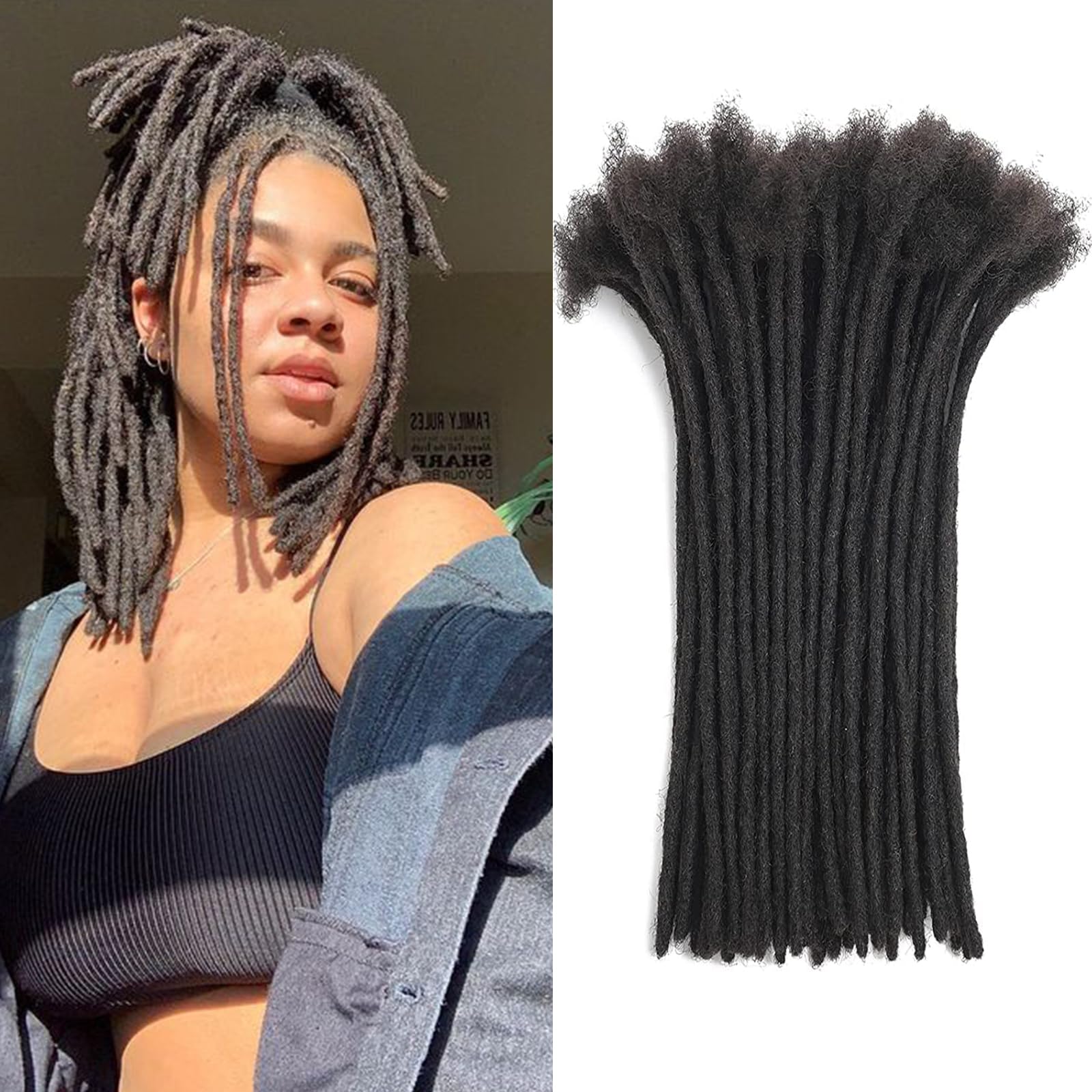 100% Human Hair Loc Extensions for Men & Women - 8 Inch 0.4cm 100 Strands Permanent Dreadlocks - Handmade, Dyeable, Bleachable & Curlable (Natural Black) | Perfect for Protective Styles, Cosplay & Everyday Wear