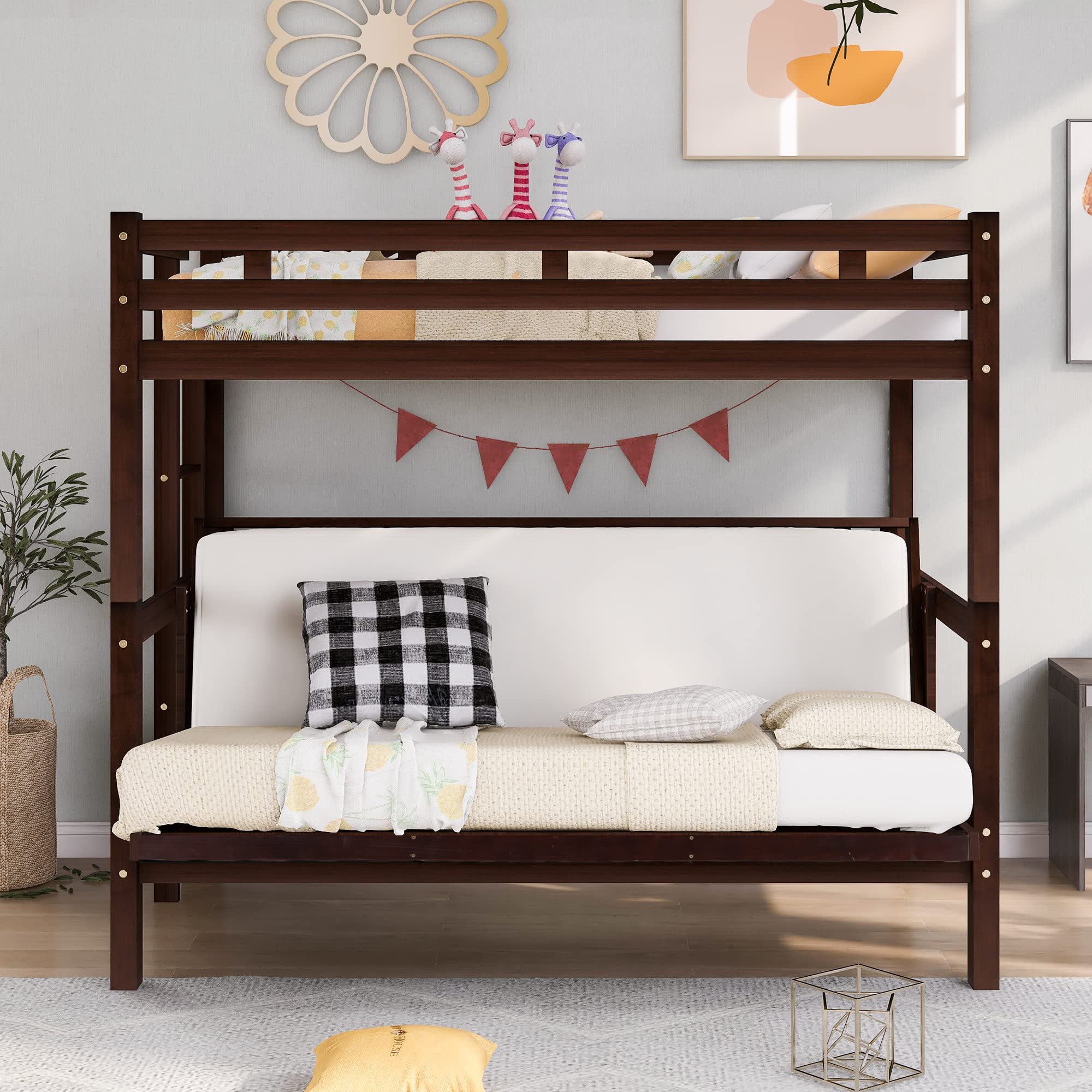 Convertible Twin Over Full Bunk Bed with Futon - Wooden Space-Saving Bunk Bed for Kids, Teens & Adults - No Box Spring Needed (Espresso Finish) - Perfect for Small Bedrooms, Dorms & Guest Rooms