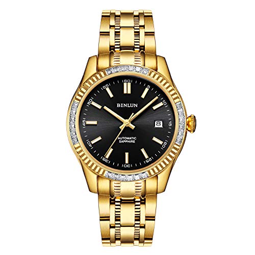 BINLUN 18K Gold Plated Men's Automatic Diamond Mechanical Watch - Waterproof Stainless Steel Skeleton Wristwatch for Men | Luxury Dress Watch for Business, Wedding & Formal Occasions