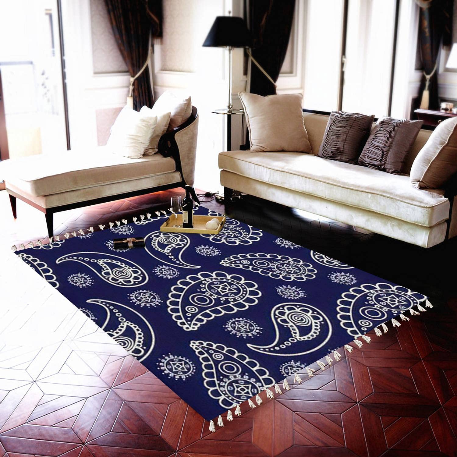 Stylish Boho Rug with Floral Zentangle Pattern - Seamless Area Rug for Living Room, Bedroom, Patio & Hallway - Minimalist Indoor Outdoor Carpet Mat for Home Decor