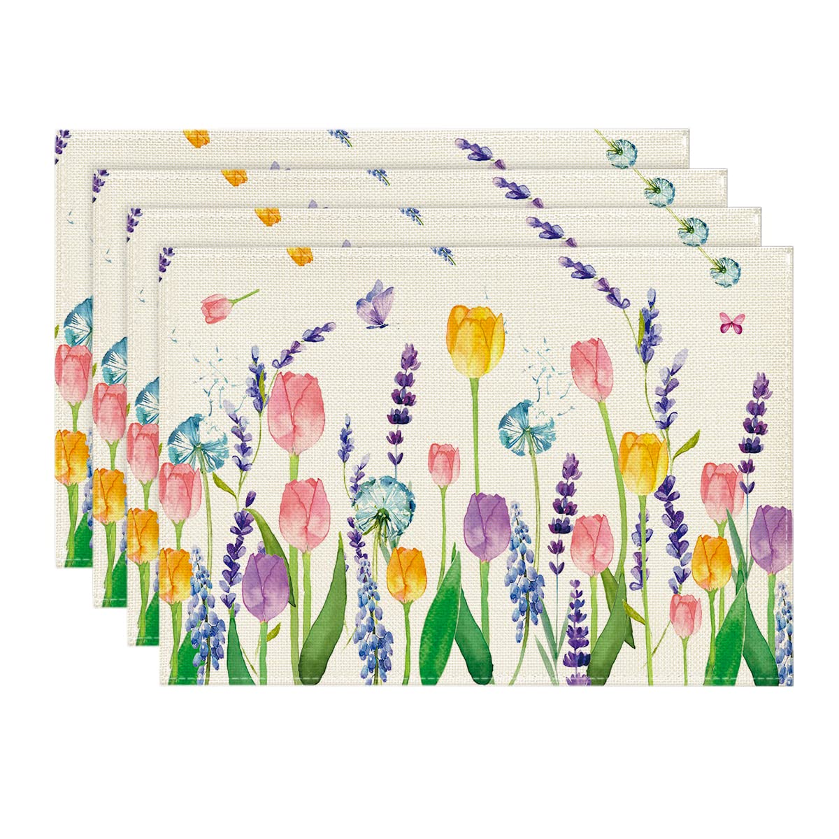 Artoid Mode Lavender Tulip Spring Placemats Set of 4 - 12x18 Inch Washable Table Mats for Dining Room Decor, Rustic Vintage Style Seasonal Tableware for Spring Summer & Holiday Celebrations | Perfect for Easter, Mother's Day & Outdoor Picnics
