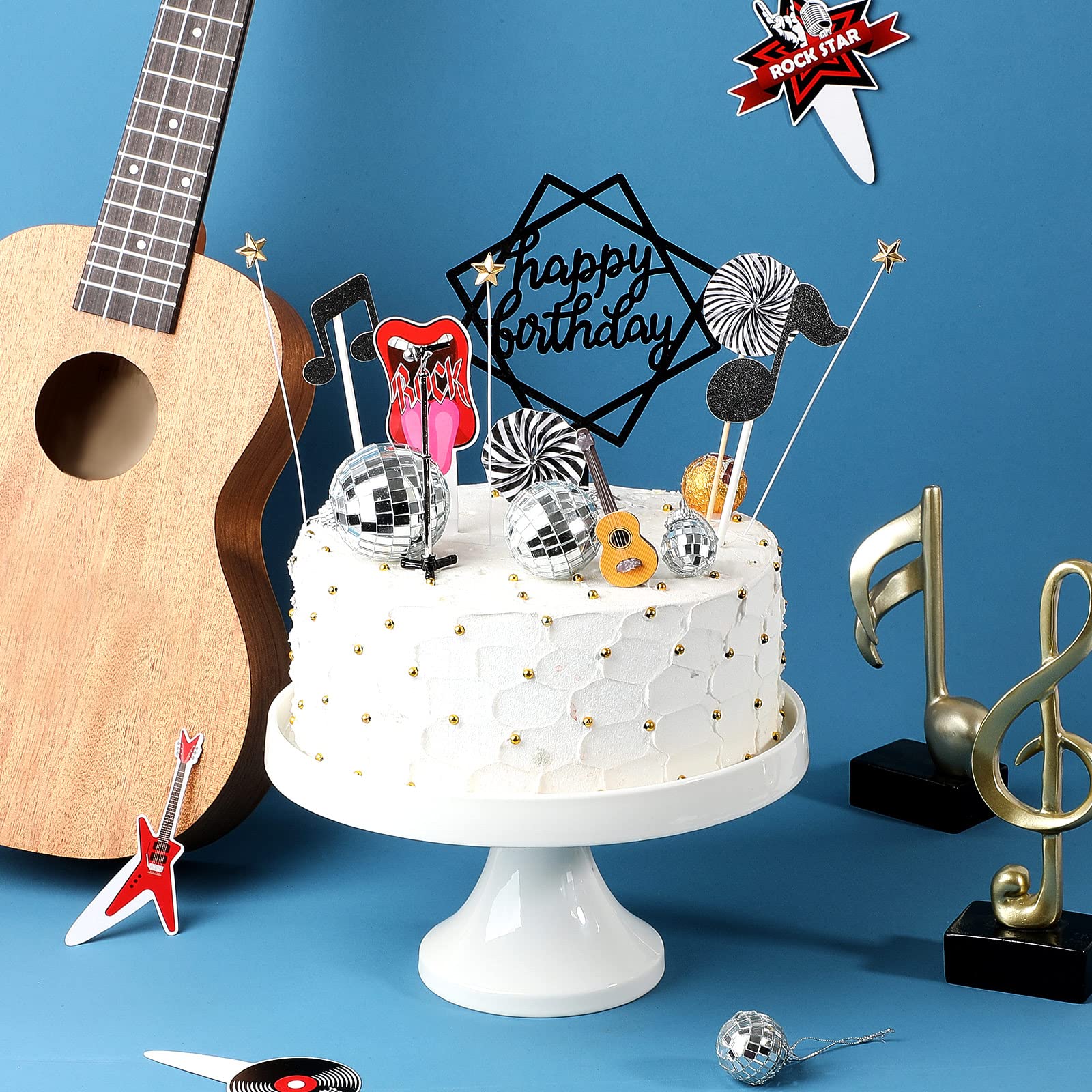 28-Piece Rock and Roll Cake Topper Set - Guitar, Microphone, Music Note & Disco Ball Cupcake Toppers for Musical Birthday Party Decorations | Perfect for Rock Theme Cakes, Cupcakes, and Dessert Tables
