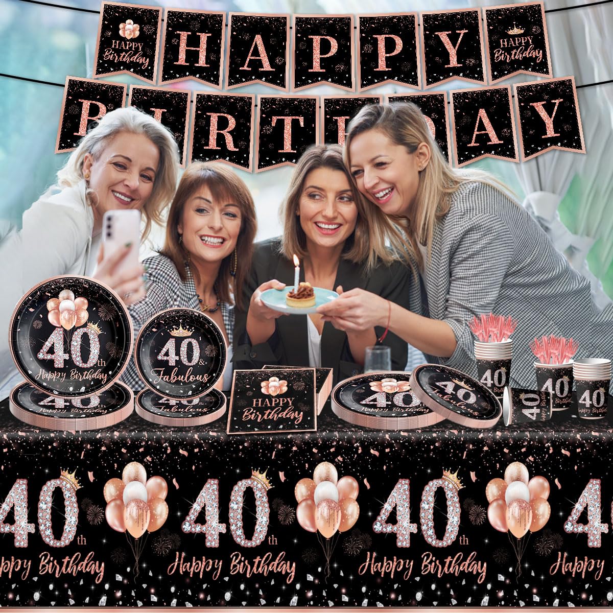 142Pcs Rose Gold 40th Birthday Party Tableware Set - Tablecloth, Plates, Napkins, Cups, Forks & Knives - Elegant Women's 40th Birthday Decorations - Perfect for Milestone Celebrations, Themed Parties & Anniversary Gatherings
