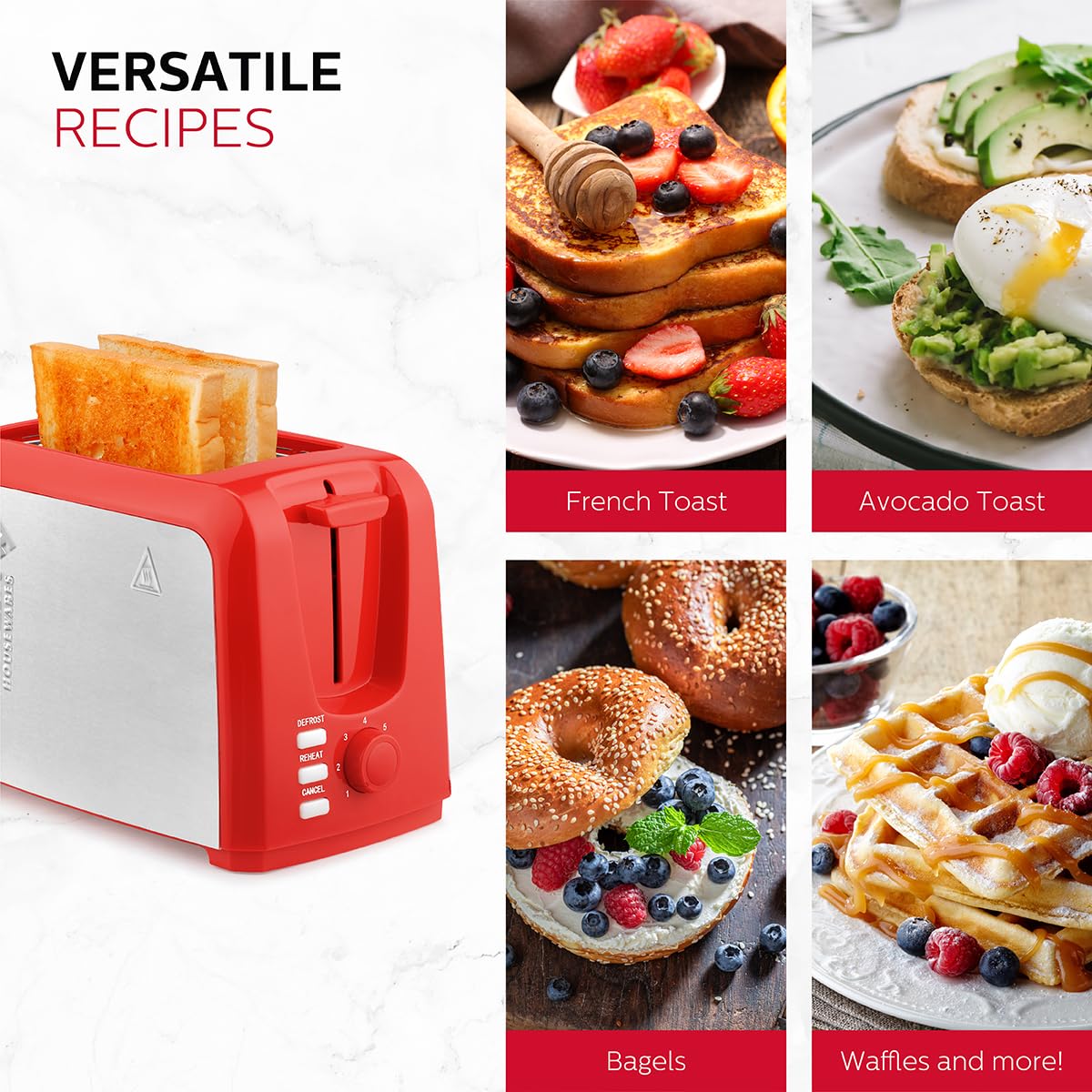 Holstein Housewares 2-Slice Toaster with 7 Browning Settings, Red Stainless Steel - Perfect for Toast, Bagels, Waffles - Ideal for Breakfast, Kitchen, Dorm & Office Use