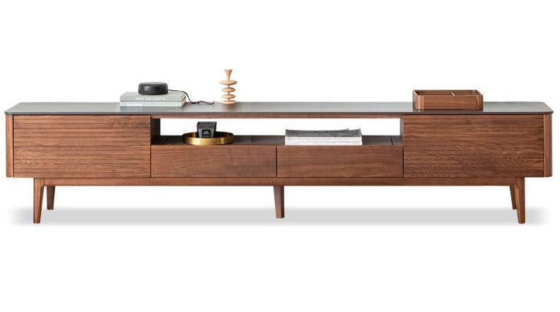 Black Walnut Solid Wood TV Stand with Slate Top - Rustic Modern Entertainment Center for Living Room, Bedroom & Home Theater