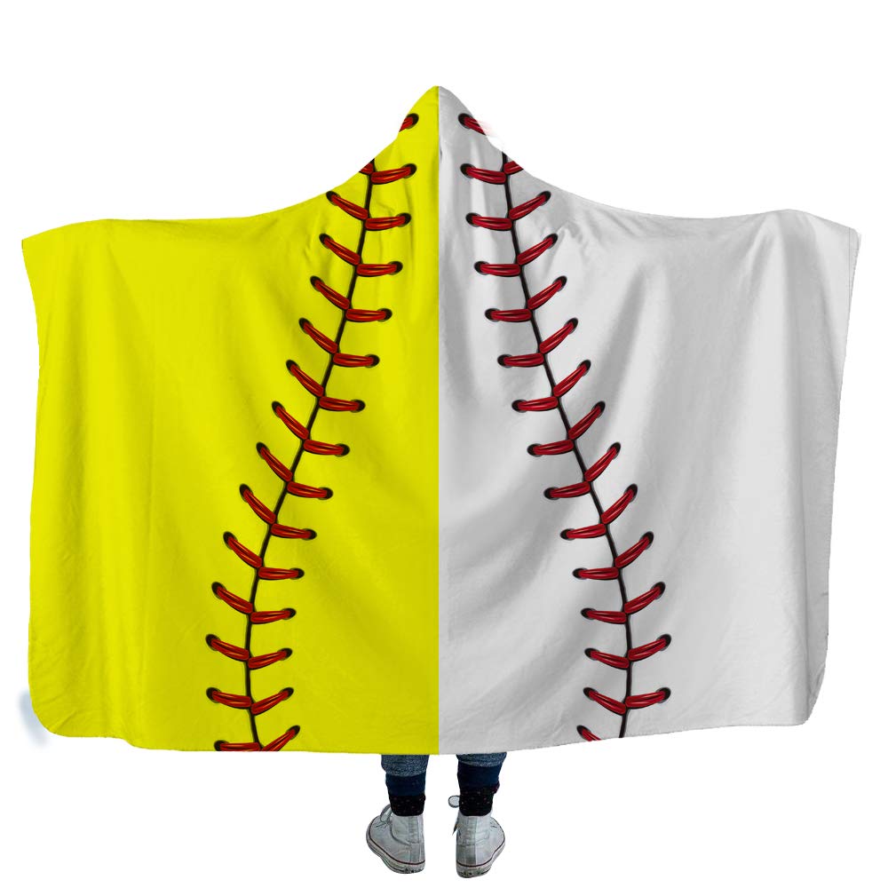 Baseball & Softball Design Oversized Sherpa Blanket - Thick Warm Hooded Shawl Wrap Cloak Cape for Adults & Kids - Perfect for Games, Camping, and Cozy Home Use (Adult Size)