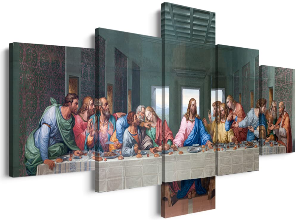 5 Piece Classic Jesus Wall Art - The Last Supper by Da Vinci Reproduction Oil Painting on Canvas, Stretched & Ready to Hang (70''W x 40''H) - Perfect for Living Room, Church, or Office Decor