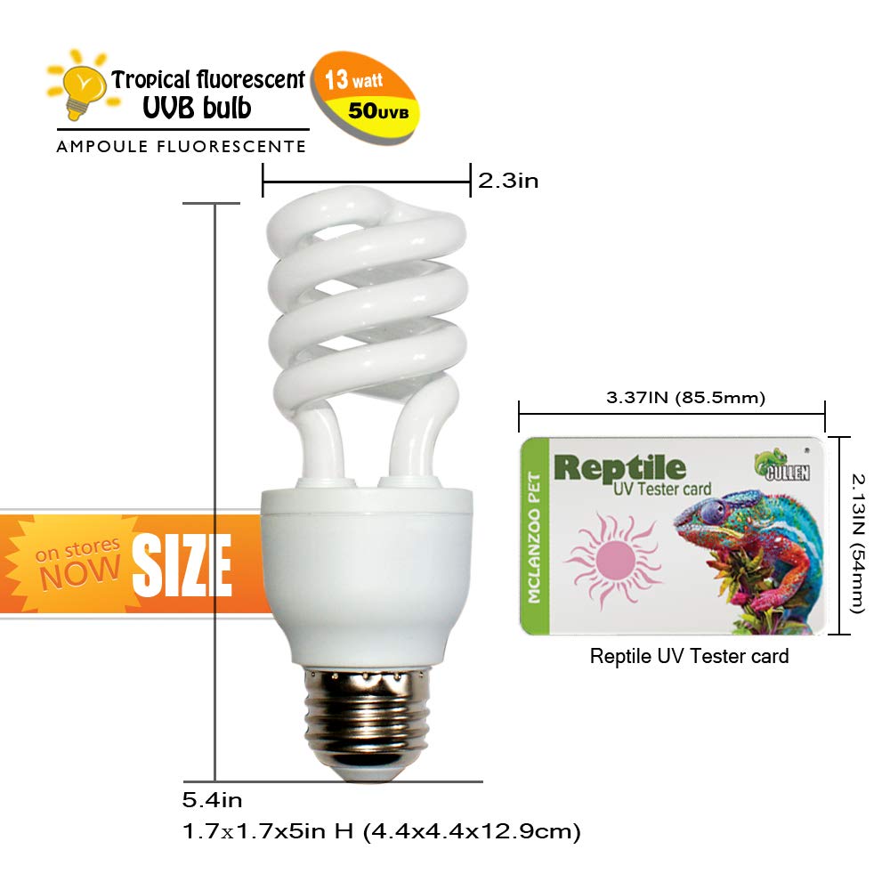 10.0 UVB Reptile Light Bulb 13W - UVA/UVB Desert Lamp for Bearded Dragons, Turtles, Snakes, Geckos & Lizards - Compact Fluorescent Terrarium Lighting with Free UV Tester Card - Ideal for Desert Habitat Reptile Tanks & Vivariums