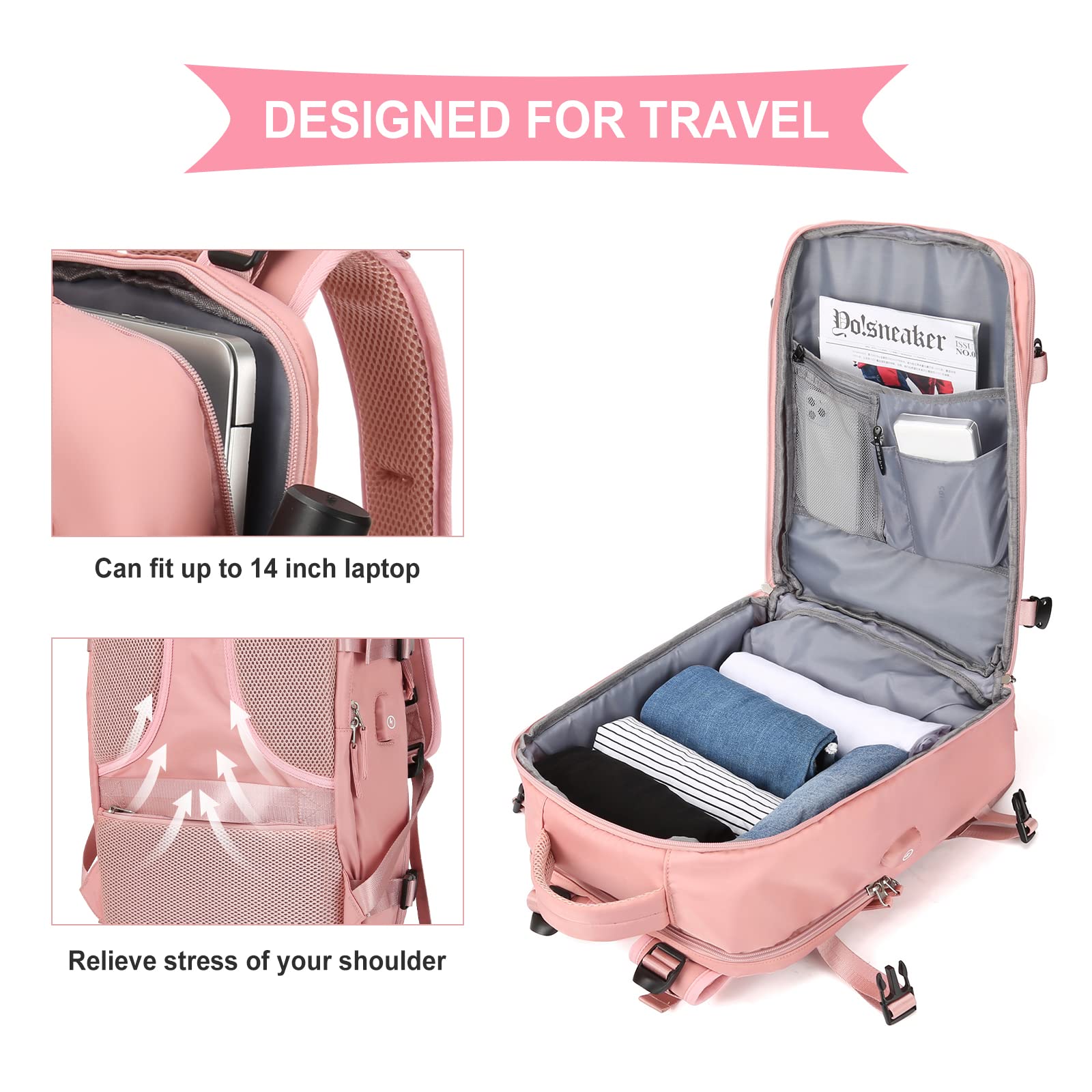 Coowoz Large Travel Backpack for Women & Men - Waterproof Carry On Backpack, Hiking Backpack for Outdoor Sports, Casual Daypack - Perfect for Air Travel, Camping, Hiking and Daily Commute