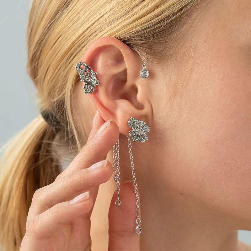 Non-Pierced Butterfly Tassel Elf Ear Clip Rose Wrap Climber Earrings for Women - Boho Festival Accessories | Perfect for Cosplay, Halloween Costumes & Fairy Themed Parties (Style A0148)