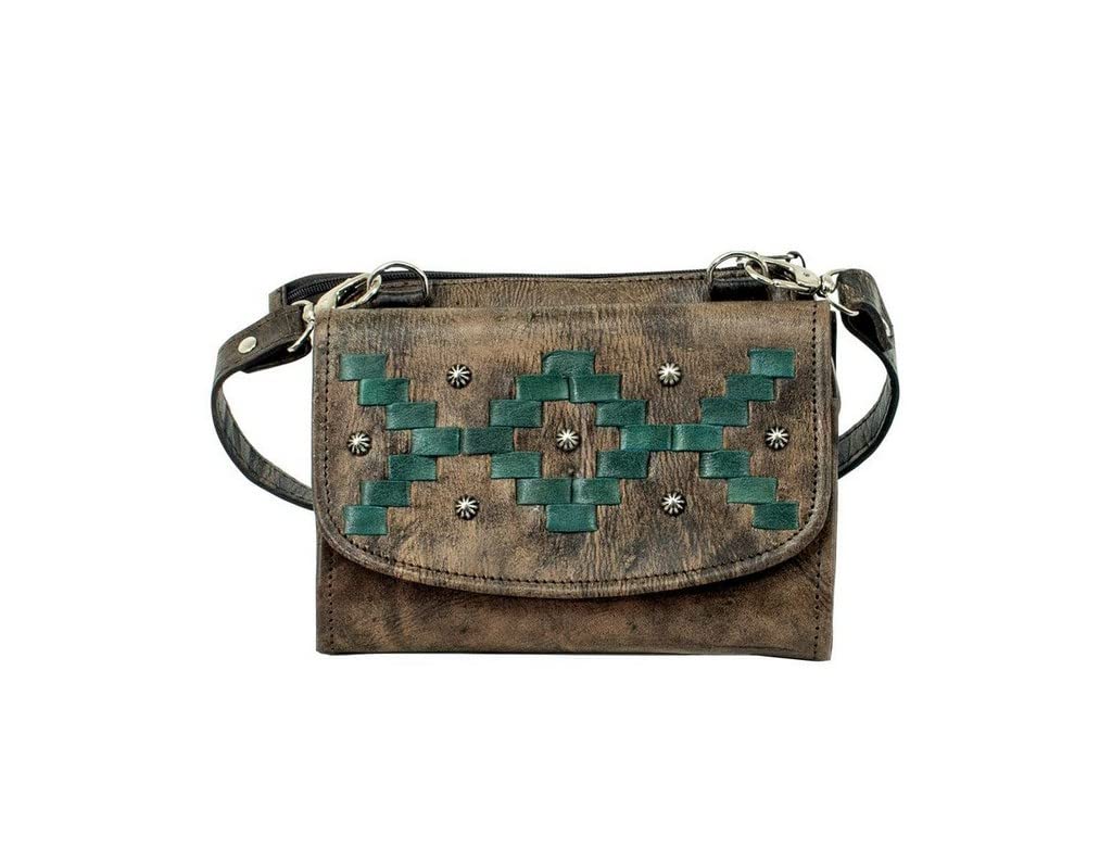 American West Women's Tribal Weave Small Crossbody Bag & Wallet - Distressed Charcoal Brown | Boho Fashion Accessory for Everyday Use, Travel & Music Festivals
