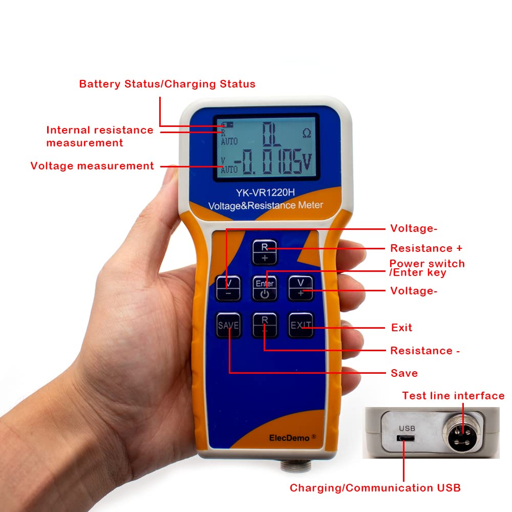 YK-VR1220H Rechargeable High Precision Battery Tester - 0.001mΩ-200Ω Internal Resistance Meter with 0.0001V±120V Voltage Measurement, MicroUSB Charging | Perfect for Automotive, Solar, and DIY Electronics Testing