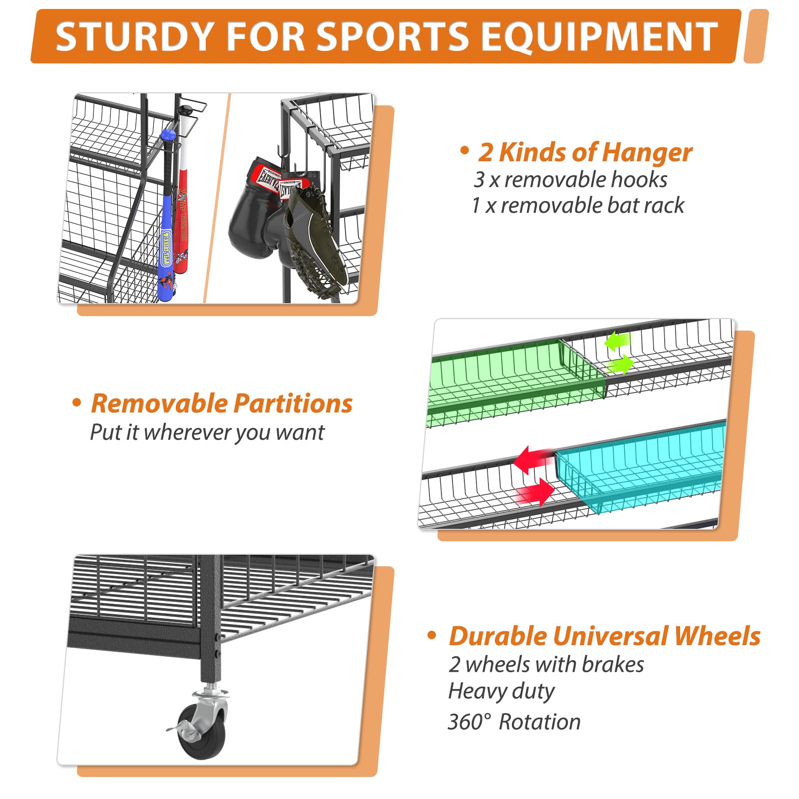 Gadroad Rolling Sports Ball Storage Cart with Baskets & Hooks - Garage Organizer for Basketball, Soccer, Football Equipment - Heavy-Duty Black Sports Gear Rack for Home, Gym, and Playroom Organization