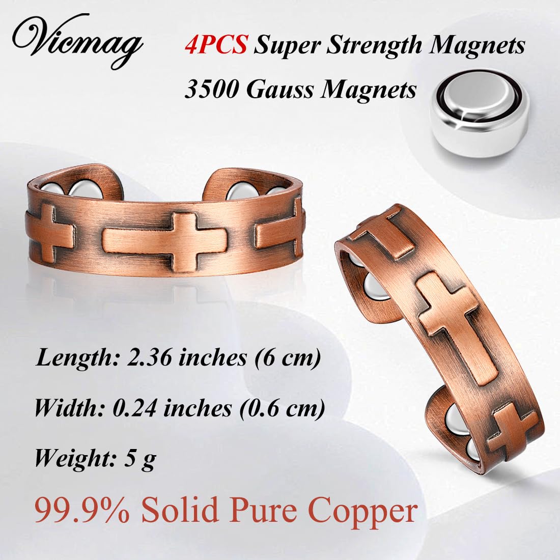 Vicmag Adjustable Copper Magnetic Ring for Women - 100% Pure Solid Copper Jewelry Gift for Ladies, Thumb & Finger Rings (Cross Design) - Perfect for Pain Relief, Arthritis & Fashion Accessories