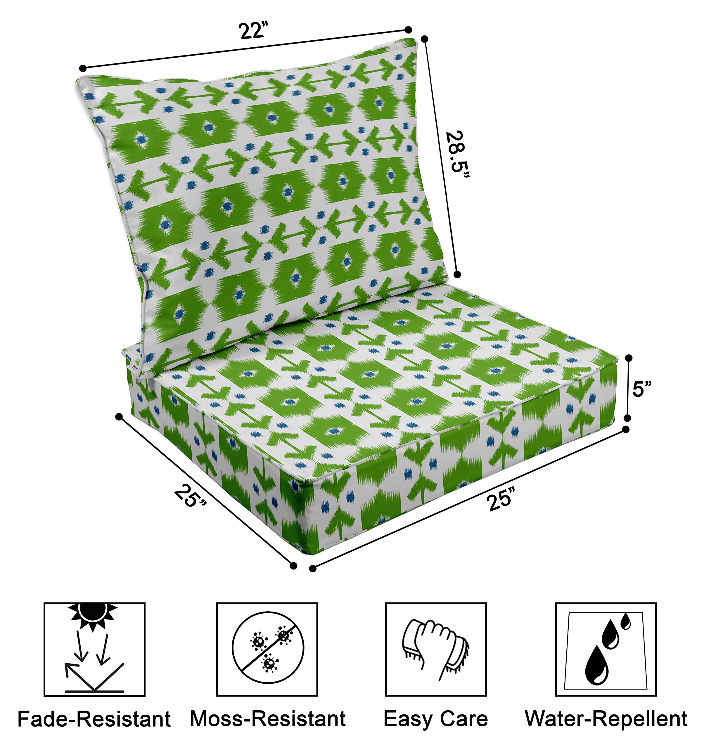 Printed Outdoor Deep Seat Patio Cushions Set - 2pcs All-Weather Replacement Cushions (25x25x5 Inches) - Light Green - Perfect for Patio Furniture, Garden Chairs, and Backyard Lounging