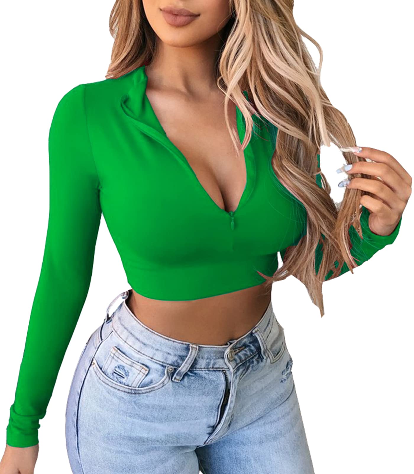 Artfish Women's Long Sleeve Quarter Zip Fleece-Lined Crop Top - Soft V-Neck Fitted Shirt for Winter, Yoga, Running & Casual Outfits