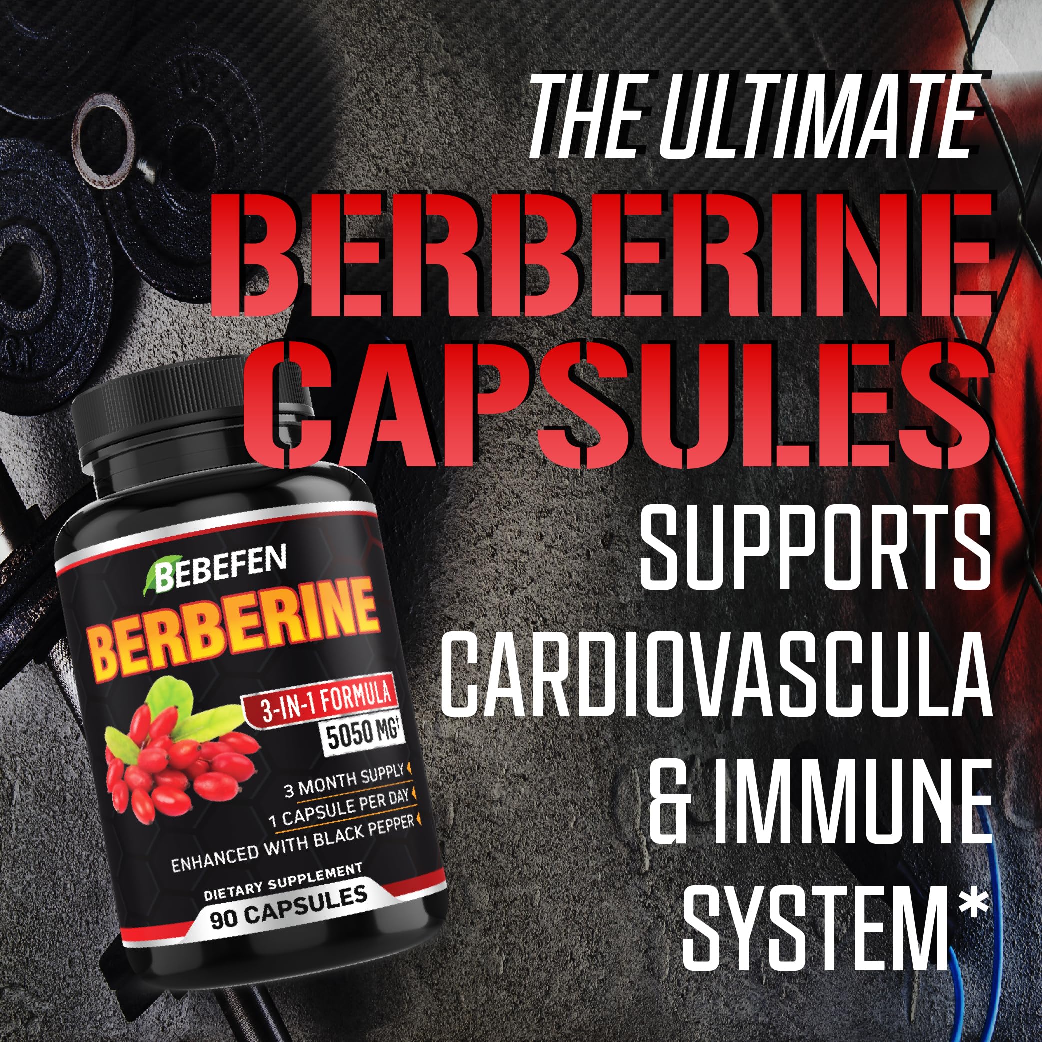 BEBEFEN Berberine Capsules with Black Pepper Extract - 90 Count (3 Month Supply) - Natural Blood Sugar Support Supplement for Digestive & Metabolic Health - Perfect for Daily Wellness Routine & Diabetes Management