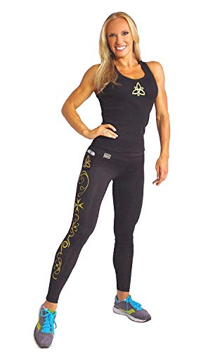 Crazee Wear Women's High Waist Black Leggings with Gold Prism Design & Side Phone Pocket - Yoga, Running, Gym & Everyday Wear