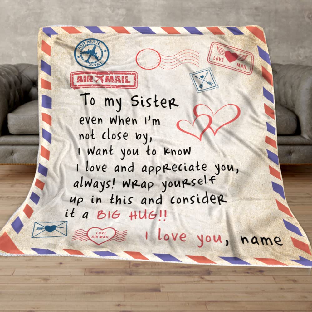 Personalized Air Mail Letter To My Sister Throw Blanket - Custom Name Gift for Big Sister from Little Brother - Birthday & Christmas Present - Cozy Flannel Blanket for Bed, Couch & Home Decor