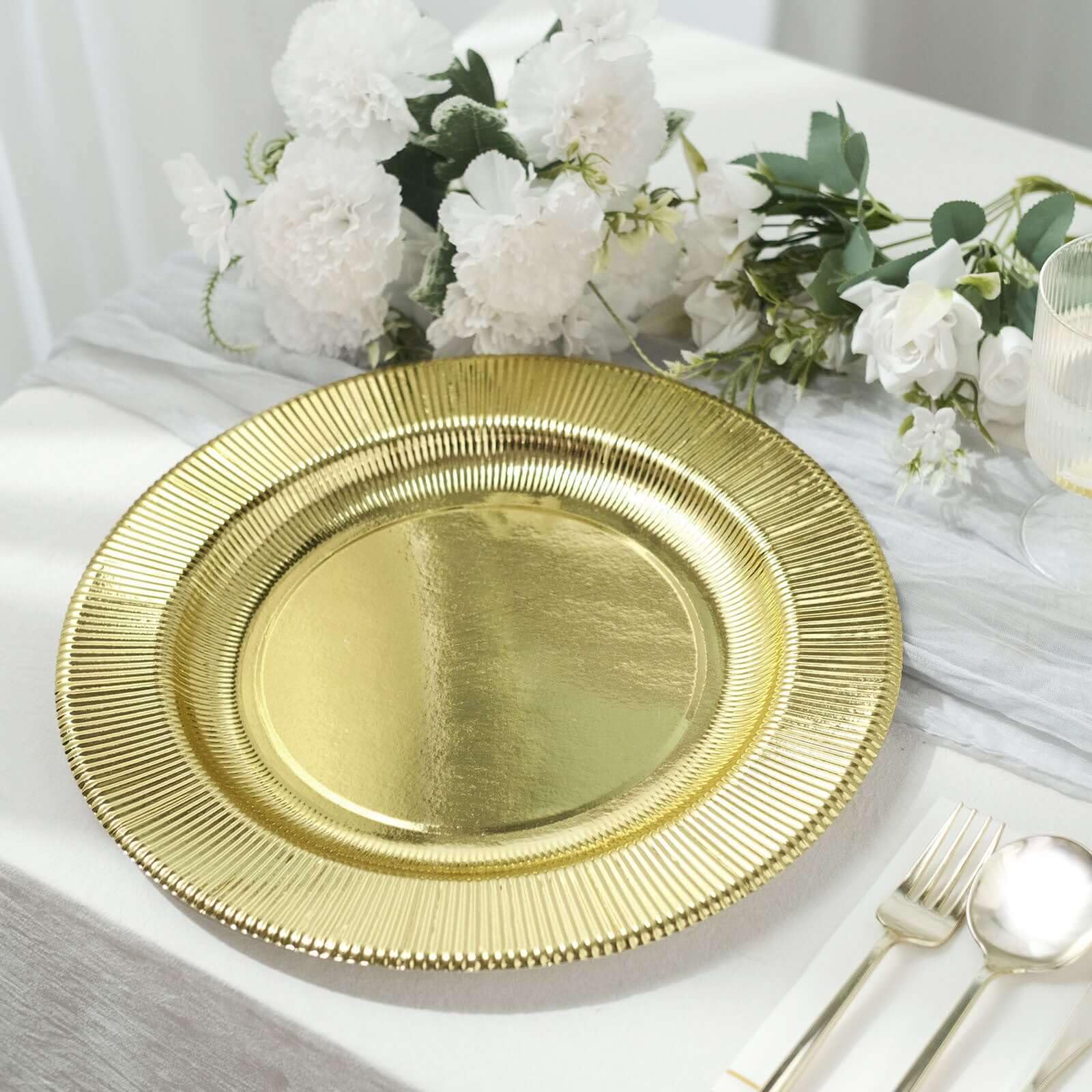 Efavormart 25 Pack Metallic Gold Sunray 10 Inch Disposable Dinner Plates - 350 GSM Heavy Duty Paper Plates for Parties, Weddings, and Special Events