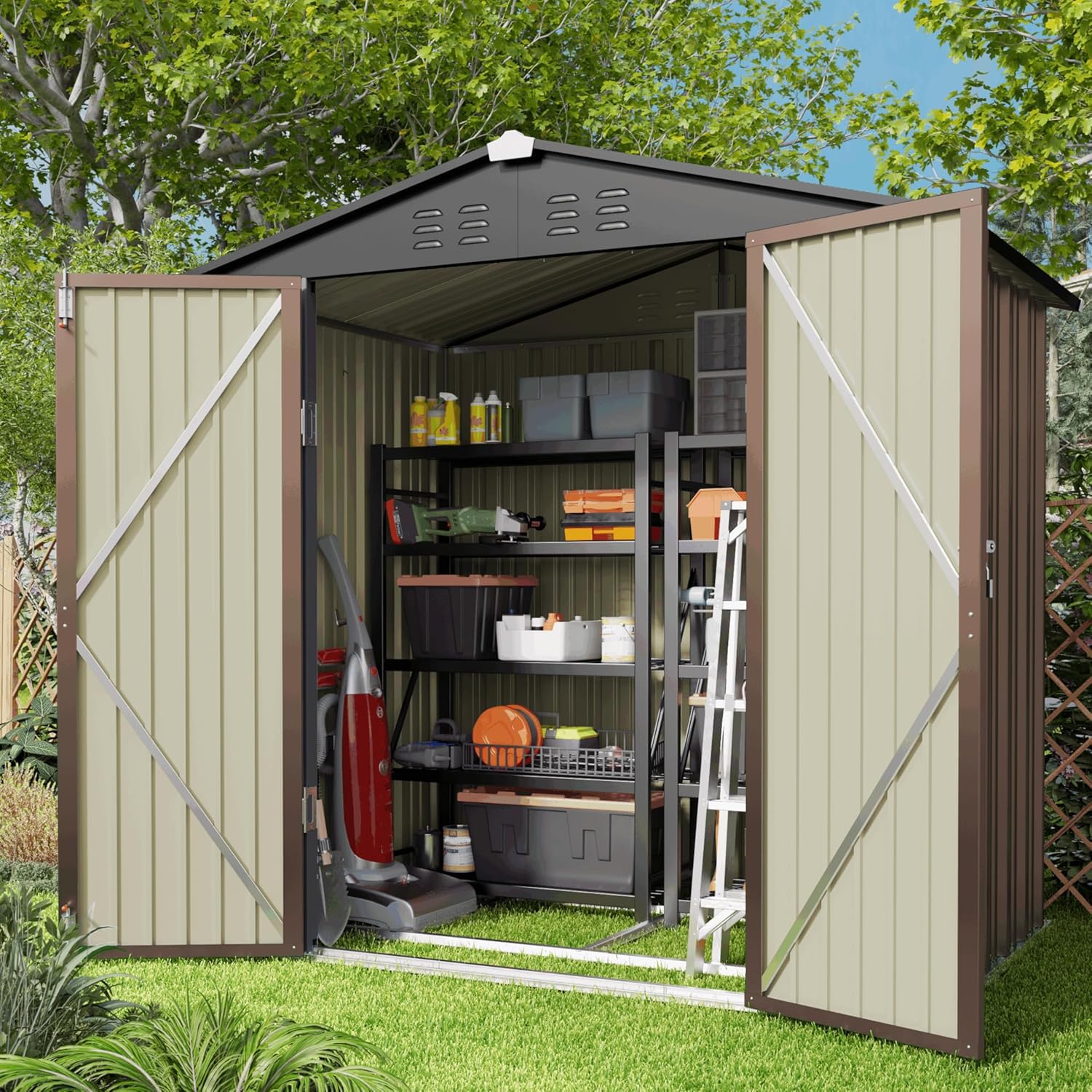 Gizoon 6x4 FT Galvanized Metal Outdoor Storage Shed - Double Lockable Doors, Weather-Resistant Garden Shed for Backyard, Patio & Lawn (Light Brown) - Perfect for Storing Tools, Equipment & Seasonal Items