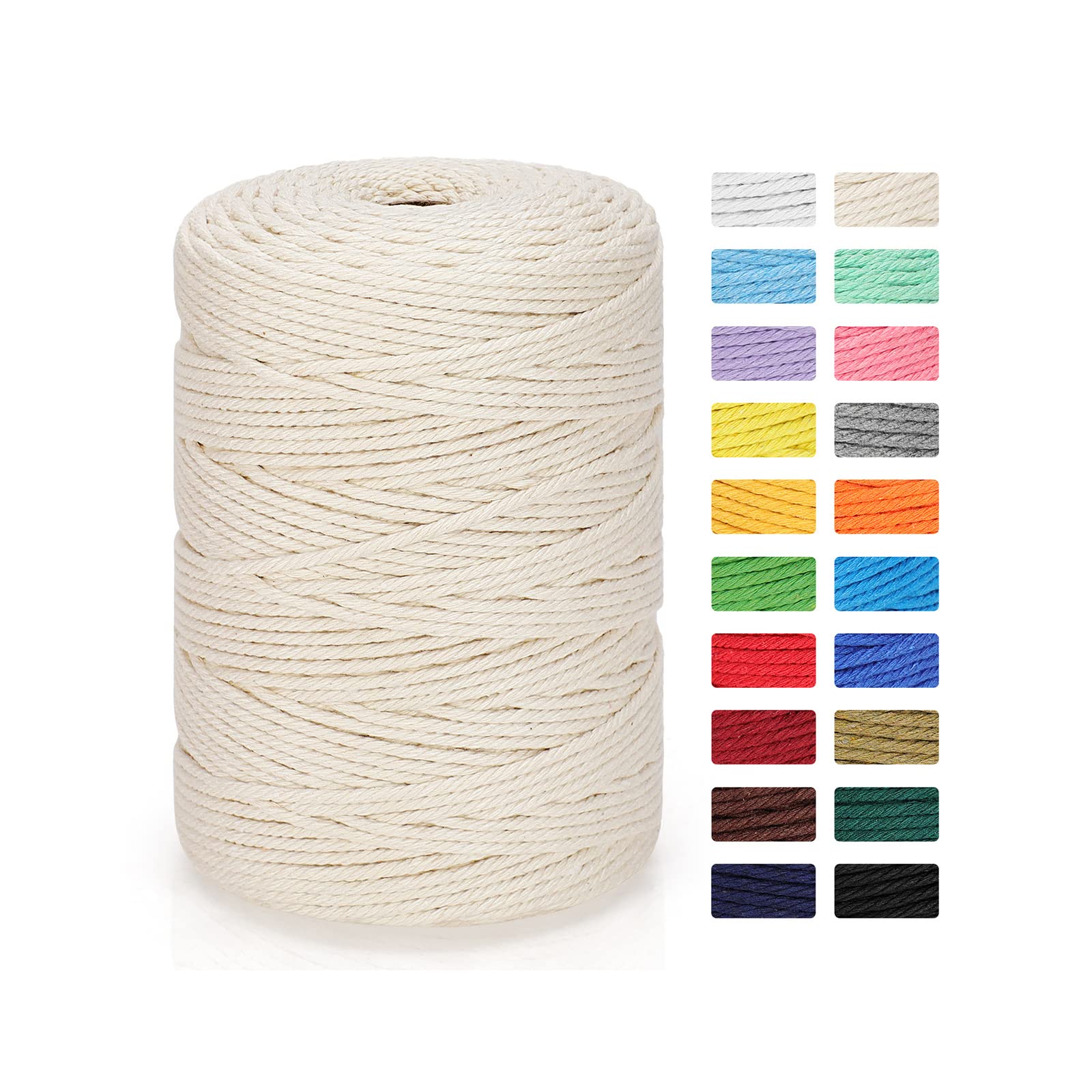 3mm x 328yd Natural Cotton Macrame Rope - 4 Strand Twisted DIY Craft Cord for Knitting, Plant Hangers, Wall Decor, Wedding & Boho Home Decor | Eco-Friendly Beige Macrame String for Handmade Jewelry and Gift Wrapping