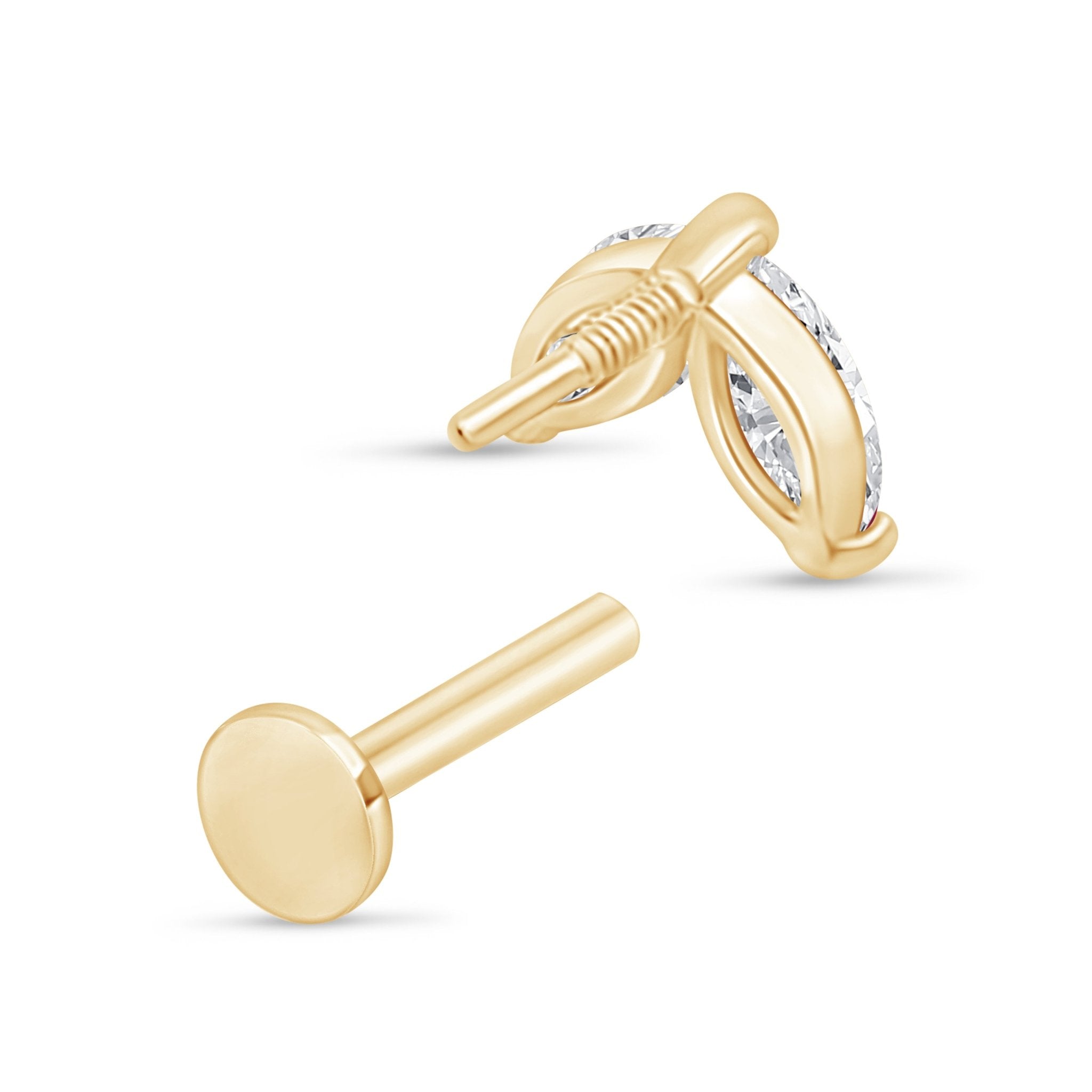 14K Yellow Gold Cubic Zirconia Double Marquise Stud Earrings - Flat Back for Sensitive Ears | Perfect for Weddings, Parties & Everyday Elegance