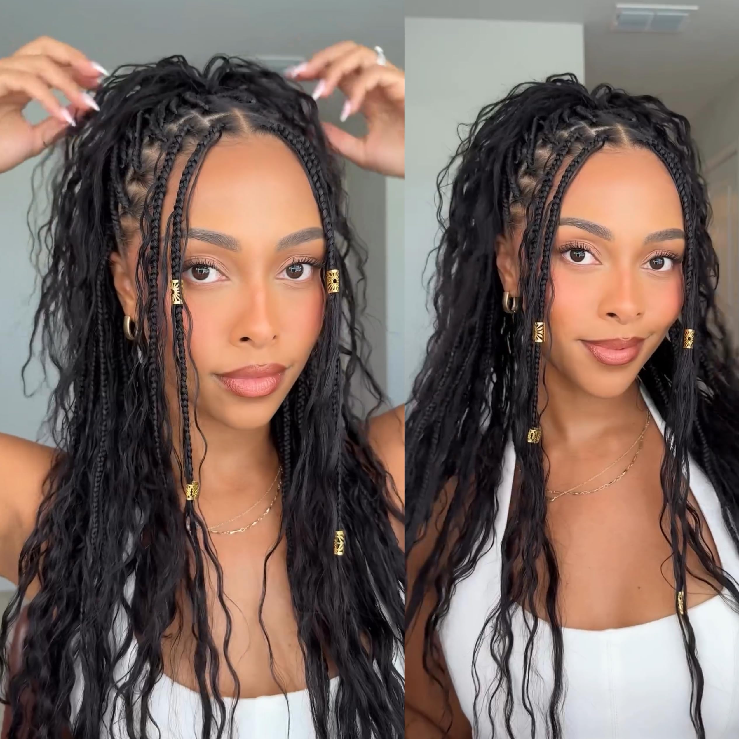 14 Inch Knotless Box Braids with Human Hair - 80 Strands Loose Wave Crochet Braids for Black Women | Pre-Looped Boho Curly Synthetic Braids for Everyday Wear & Protective Styling