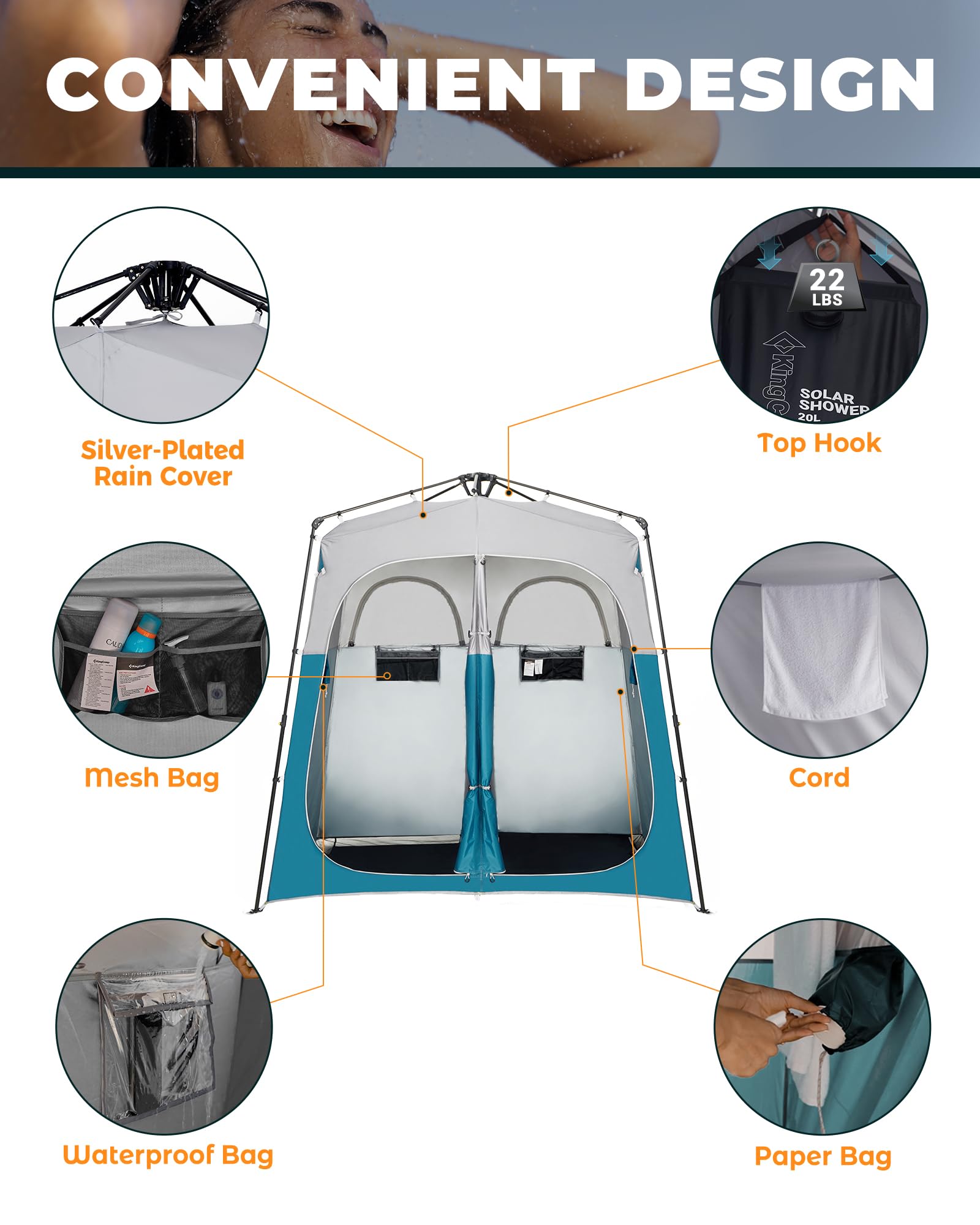 KingCamp Outdoor Shower Tent - Portable Pop Up Privacy Changing Room for Camping, Beach & Hiking | Water Resistant & Windproof 1 or 2 Room Bathroom Shelter | Perfect for Outdoor Showers, Changing Clothes & Toilet Privacy at Campsites