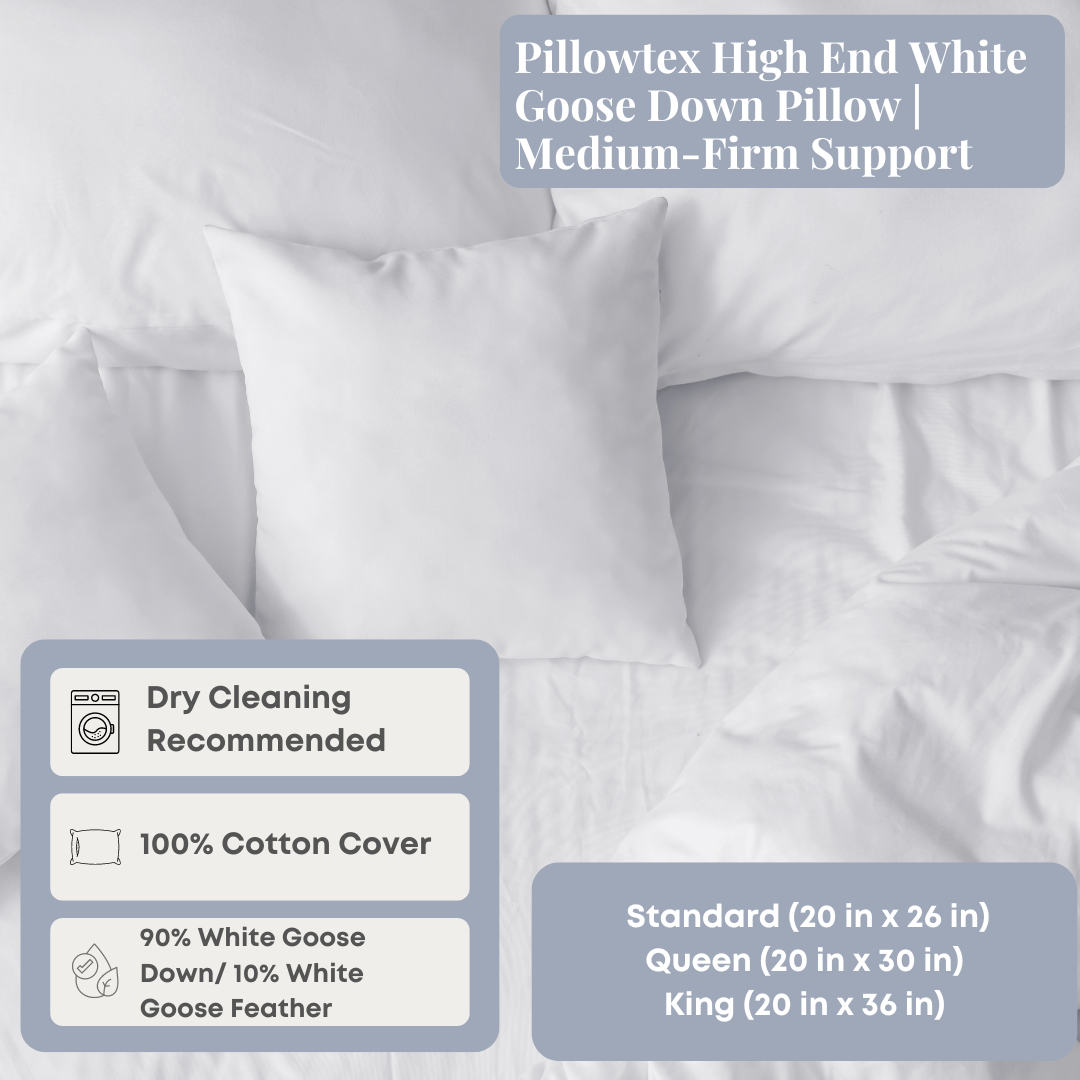 Premium Pillowtex White Goose Down Pillow - Medium Firm Support for Neck & Back Pain Relief - Luxury Hotel Quality Bedding for Side, Back & Stomach Sleepers