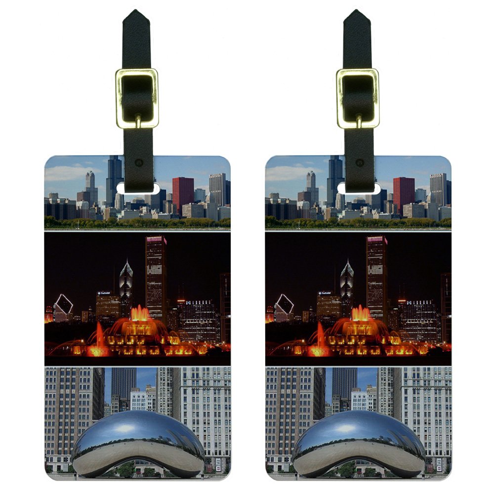 Chicago Souvenir Luggage Tags Set of 2 - Featuring The Bean, Buckingham Fountain & City Skyline - Perfect for Travel Identification & Gifts