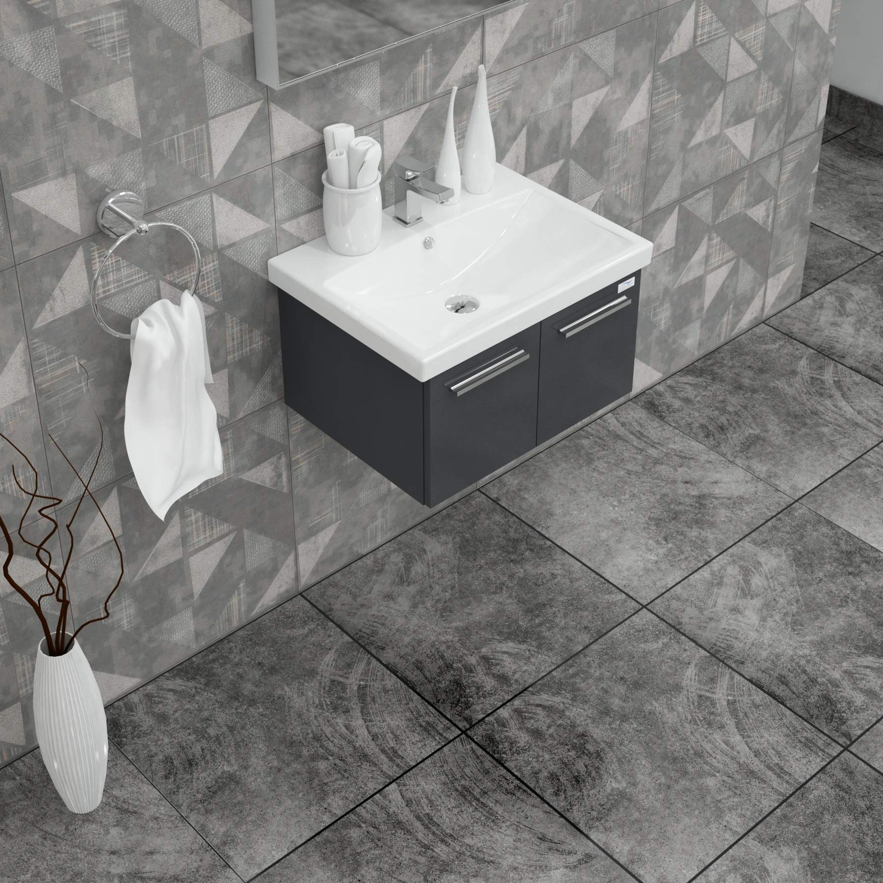 32 Inch Modern Floating Bathroom Vanity Set with LED Mirror & Side Cabinet - Soft Closing Doors, Ceramic Sink, Wall Mount Design in Glossy Gray | Perfect for Small Bathrooms, Apartments & Contemporary Home Decor