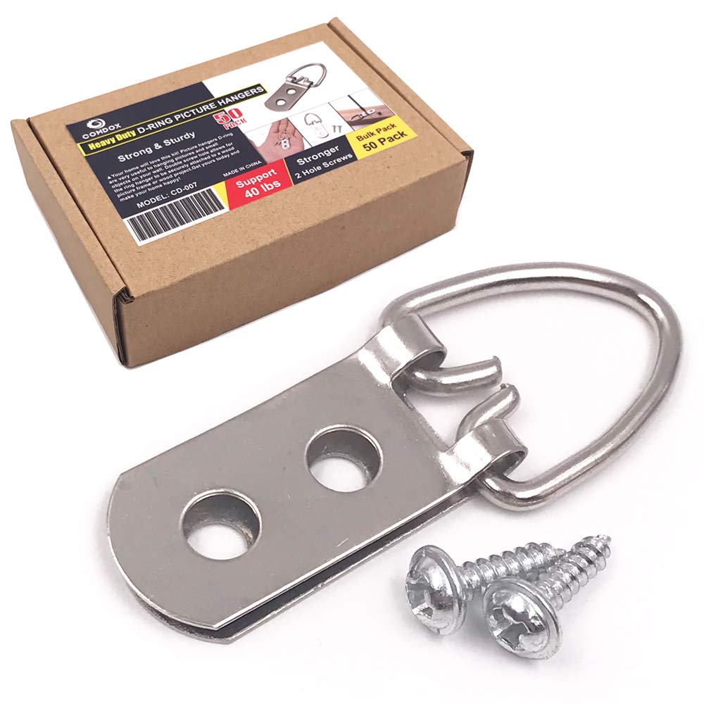Comdox D Ring Picture Hangers with Screws - 50 Pack Heavy Duty Picture Hooks for Wall Art, Photo Frames, Canvases - 2 Hole Design for Secure Hanging - Professional Quality Picture Frame Hardware for Home & Office Decor