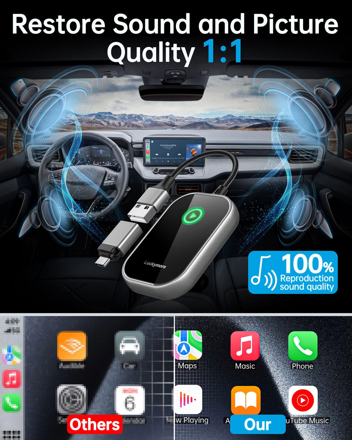 Luckymore Wireless CarPlay Adapter - Convert Wired to Wireless CarPlay Dongle for iPhone iOS 10+ | Plug & Play | Compatible with 2017+ Cars | Seamless Music Streaming & Hands-Free Calling for Safer Driving
