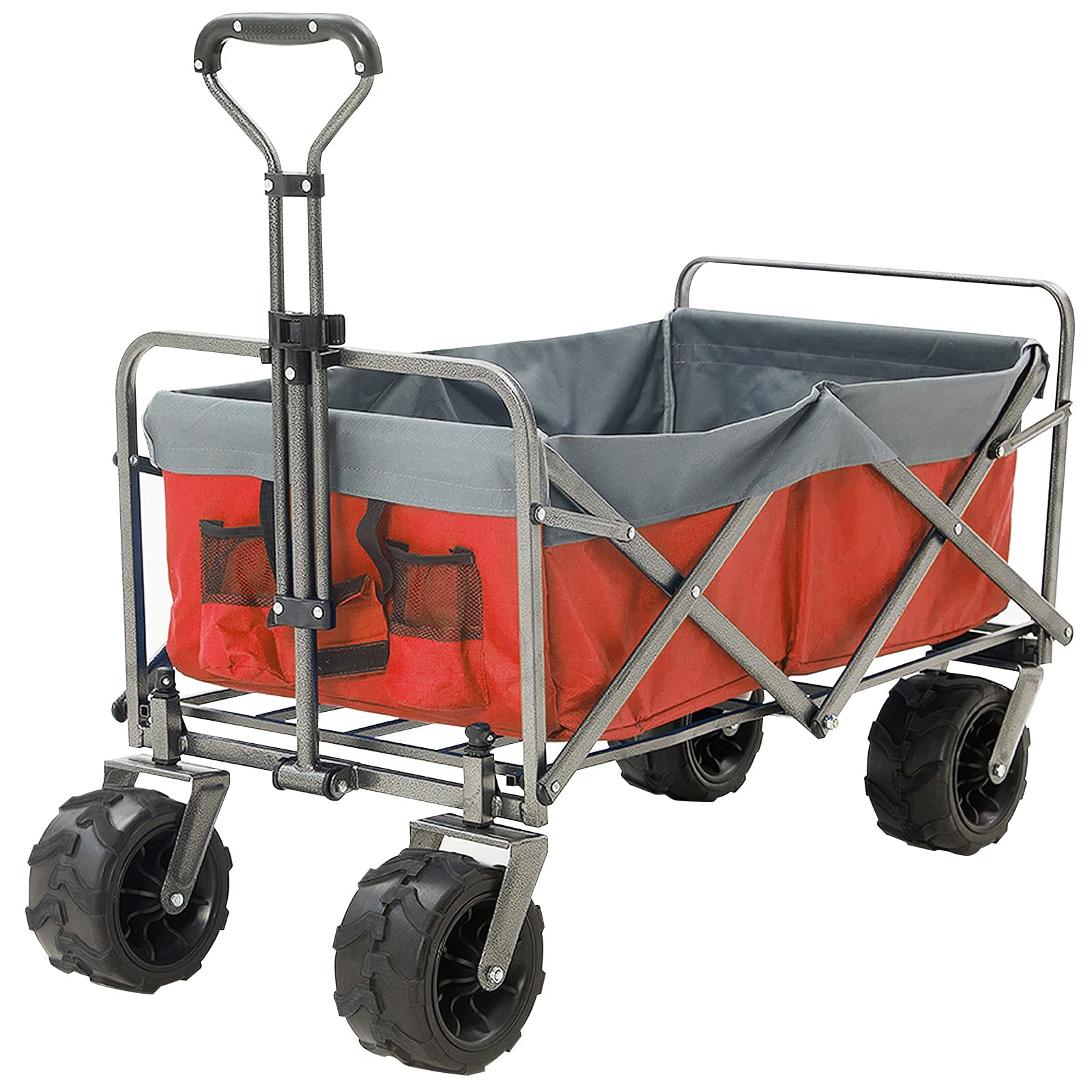 BLUU Heavy Duty Collapsible Wagon Cart with Wheels - Foldable Utility Wagon for Beach, Garden, Shopping & Groceries - Portable Cart with Adjustable Handle & Drink Holders (Red & Grey) - Perfect for Outdoor Activities, Picnics, Camping & Farmers Market