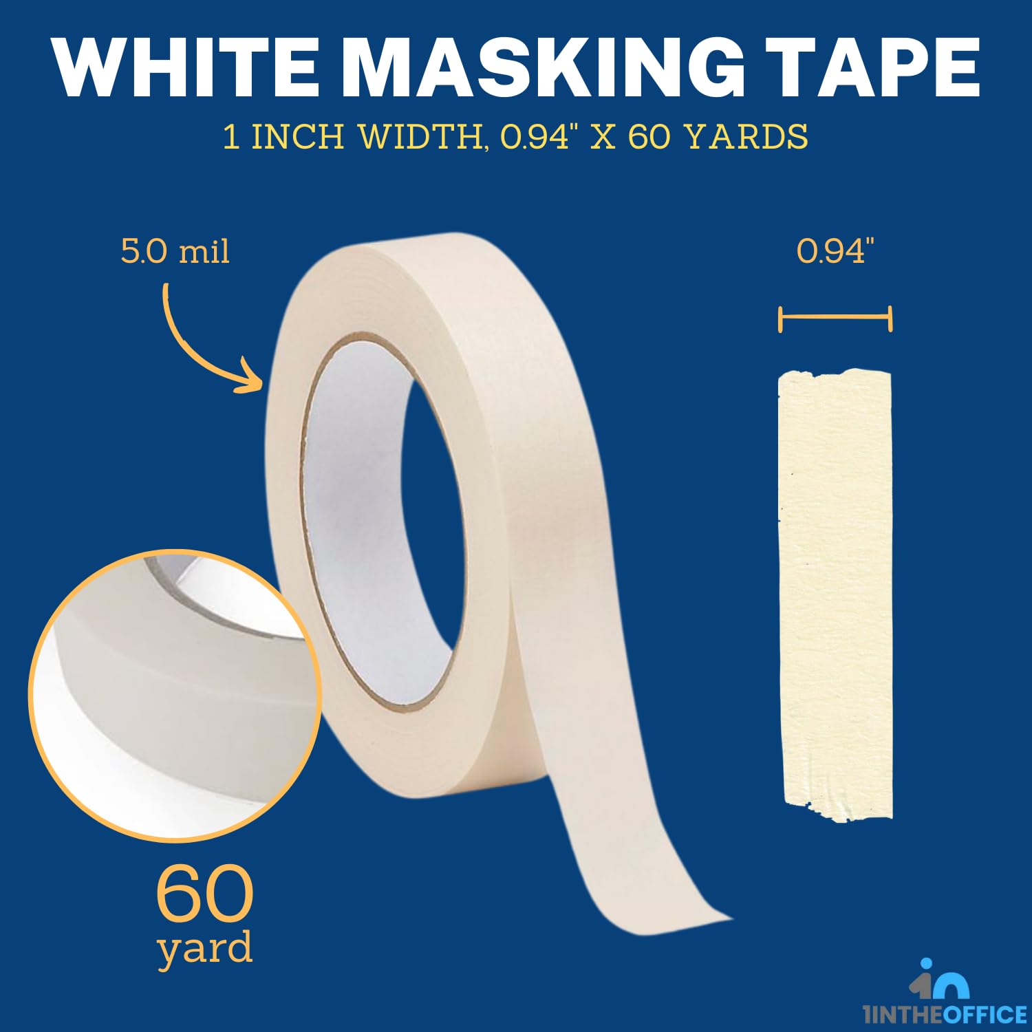 1InTheOffice 1 Inch Wide White Masking Tape - 0.94 x 60 Yards, 4 Pack Multipurpose Adhesive Tape for Painting, Labeling, Crafts & Office Use