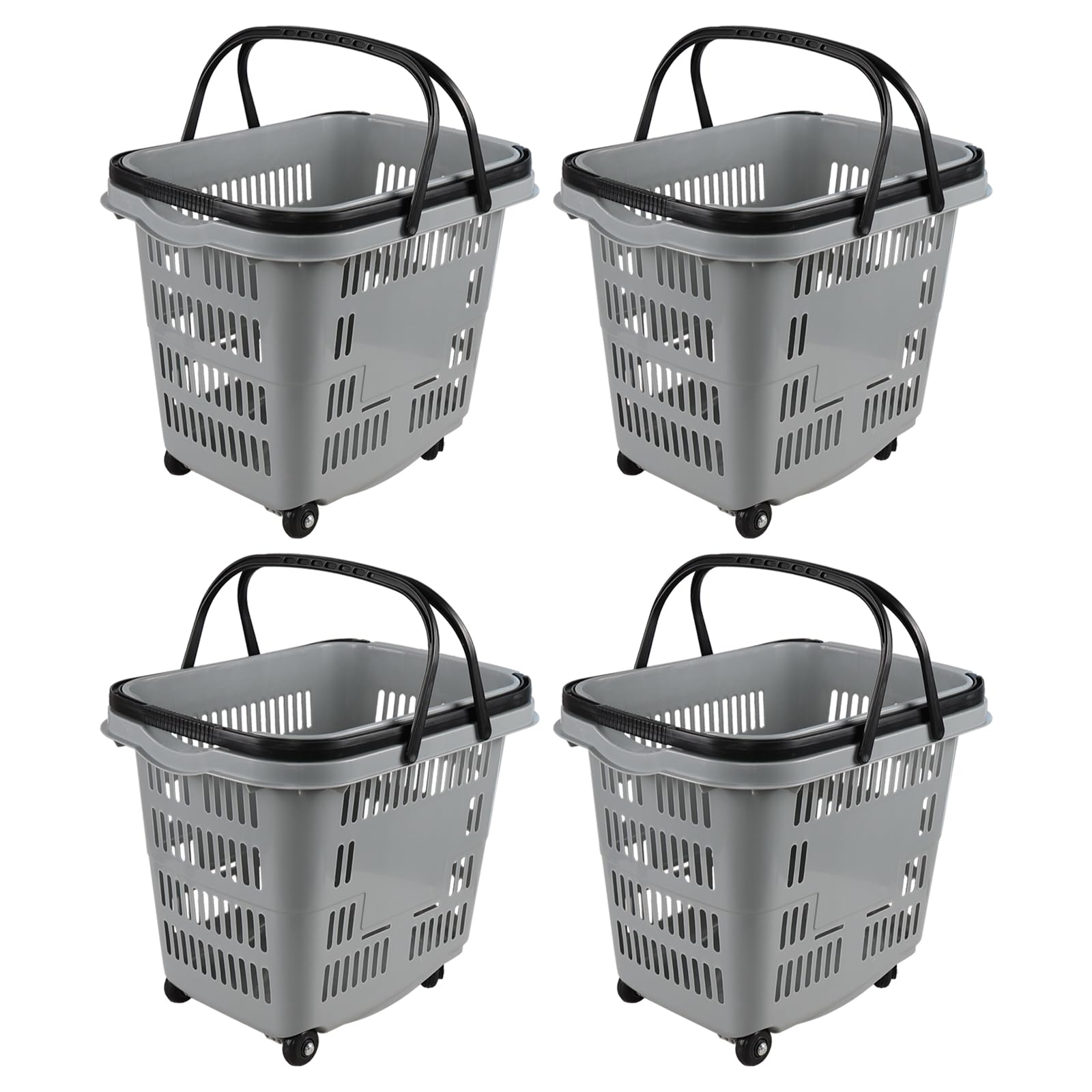 4-Pack Large Wheeled Shopping Basket with Carry Handle - 50L Plastic Grocery Cart for Supermarket, Warehouse & Home Use - Durable Gray Utility Basket for Shopping, Storage & Organization