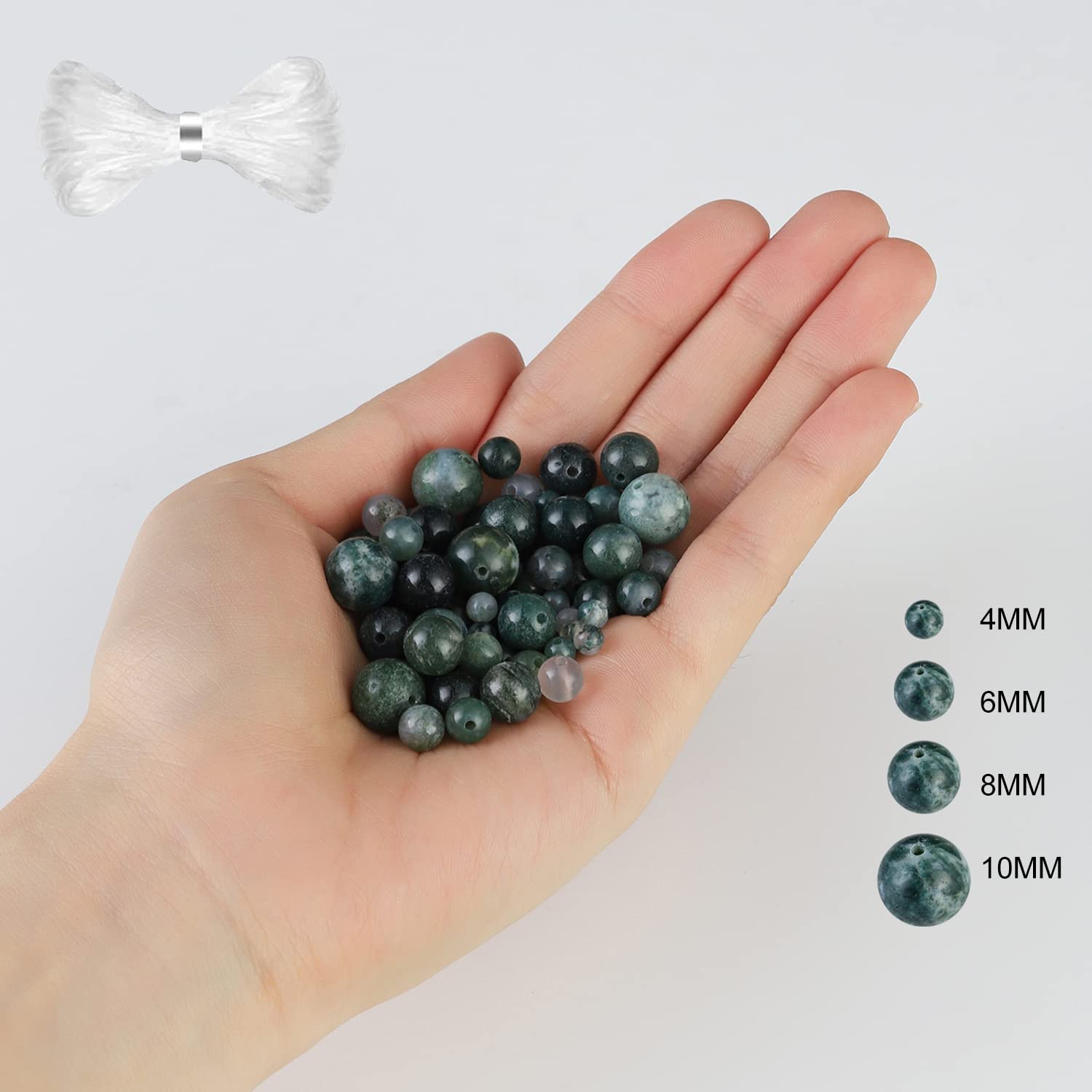 60pcs 6mm Natural Moss Agate Gemstone Beads - Round Loose Beads for DIY Jewelry Making, Bracelets & Necklaces - Includes Crystal Stretch Cord - Perfect for Crafting, Gifts & Boho Style Accessories
