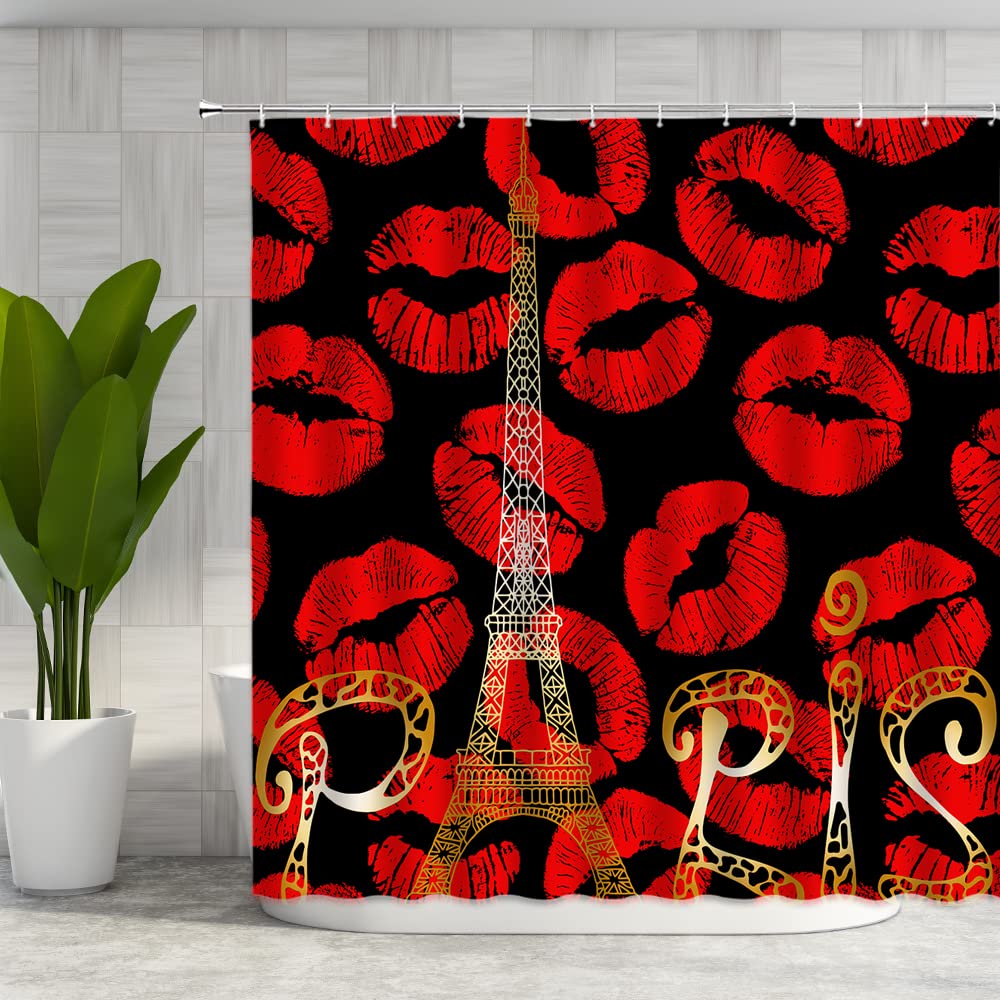 Red Lips Shower Curtain with Eiffel Tower Silhouette - Romantic Paris Theme Bathroom Decor for Women, 70x70 Inch Black Background Polyester Curtain with Hooks - Perfect for Modern Bathrooms, Girls' Rooms & French-Inspired Home Decor