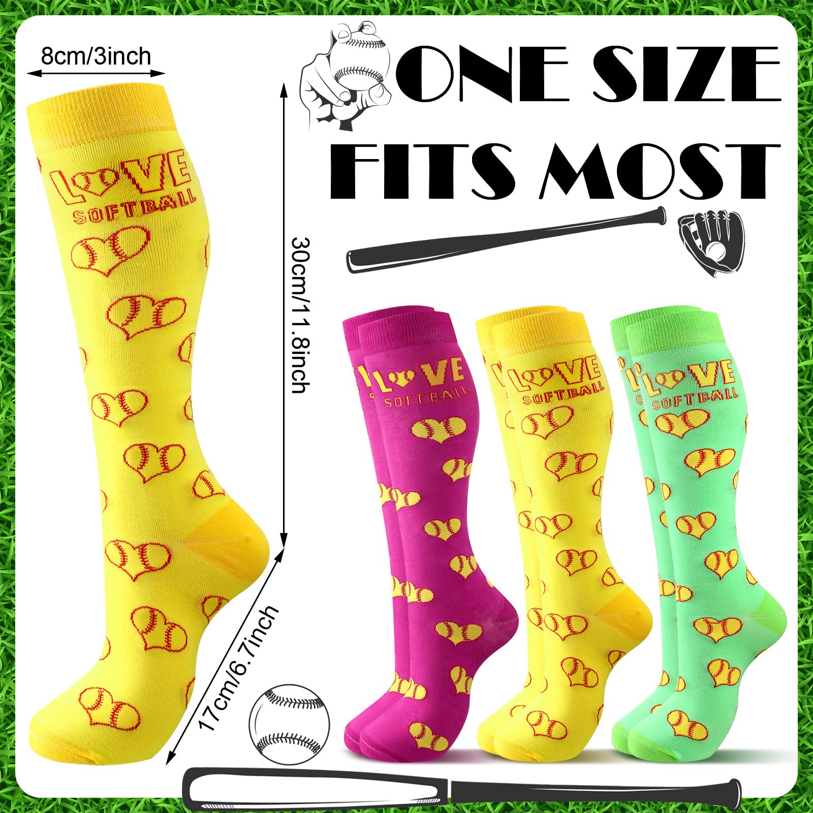 3 Pairs Heart Print Softball Socks for Women & Youth - Knee High Athletic Socks for Girls - Perfect for Baseball Games, Valentine's Day Gifts & Birthday Party Presents