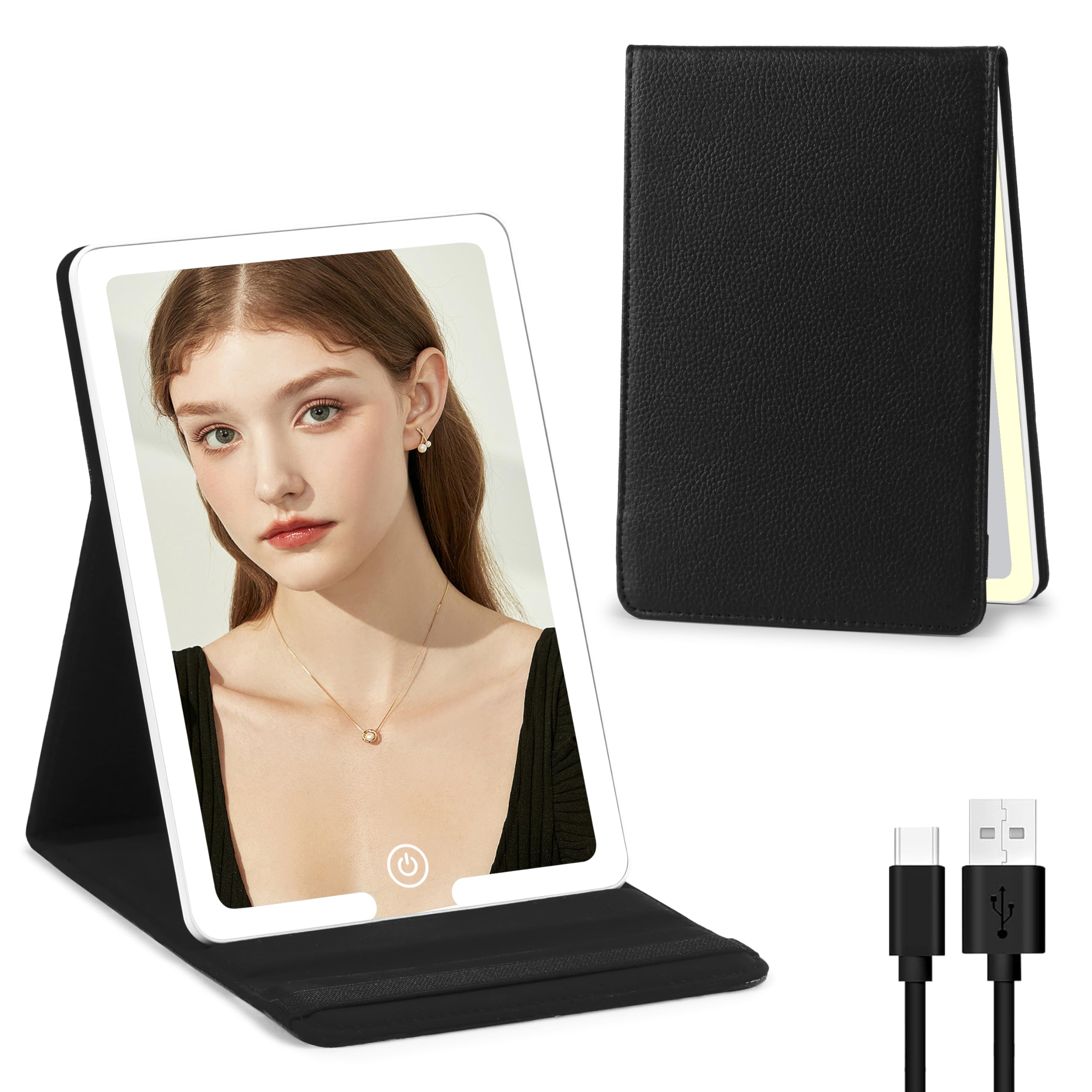 Rechargeable LED Travel Makeup Mirror with 3 Light Settings - 8x5.5 Inch Ultra-Slim Portable Vanity Mirror with PU Leather Cover & 1500mAh Battery - Perfect for Home, Travel, and Professional Makeup Application