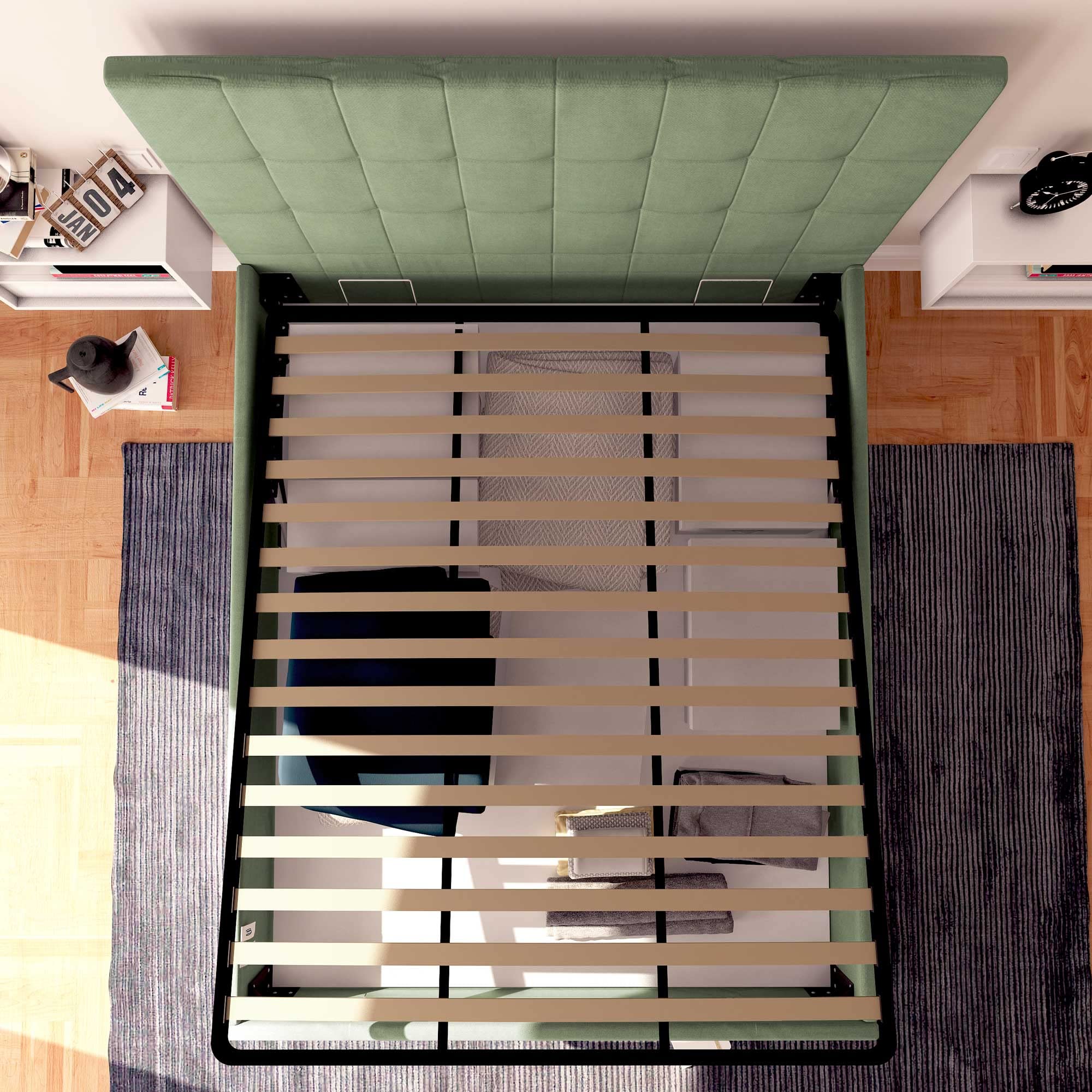 Baldiflex Single Bed with Storage Drawer, Dublin Fabric Design, Slatted Base for Single Mattress, 80 x 190 cm, Elegant Headboard, Mint Green - Perfect for Small Bedrooms, Guest Rooms & Studio Apartments