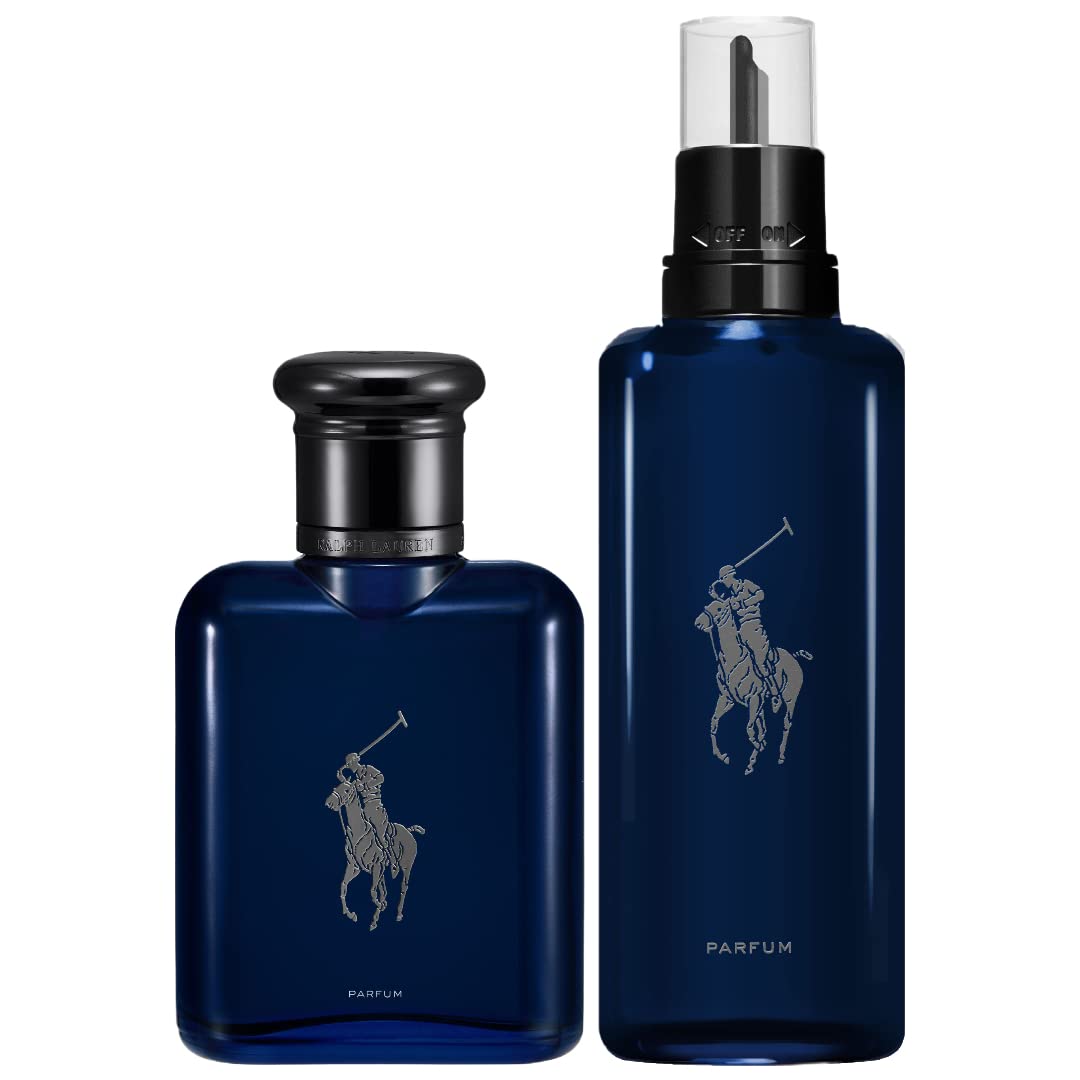 Ralph Lauren Polo Blue Eau de Parfum for Men - Refillable Cologne Set with Citrus, Oak & Vetiver Notes - 2.5 Fl Oz Bottle + 5.1 Fl Oz Refill - Perfect for Date Night, Office & Special Occasions