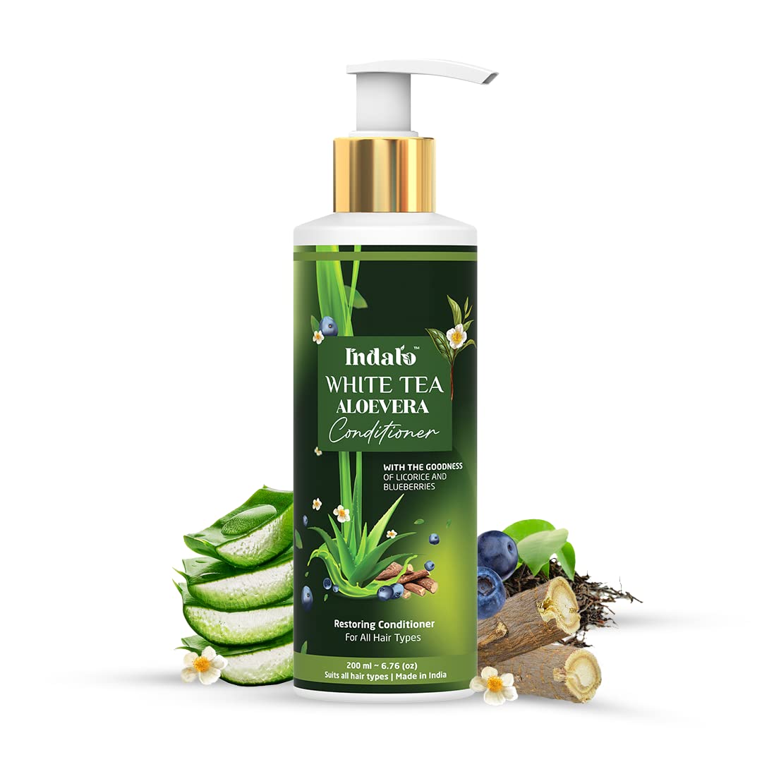 Indalo White Tea & Aloe Vera Conditioner for Oily Hair - Natural Hair Repair with Licorice & Blueberries | Strengthening Treatment for Dull, Damaged Hair | Sulfate, Paraben & Silicone Free (200ml) | Perfect for Daily Use & Post-Color Care