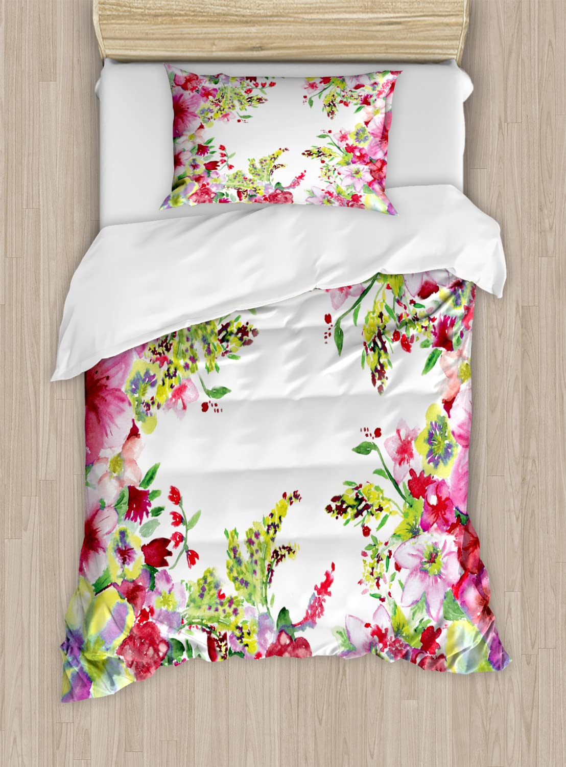 Ambesonne Watercolor Flower Duvet Cover Set - Twin Size 2-Piece Set with 2 Duvet Covers & 2 Pillowcases, Hand-Painted Curly Willow and Dahlia Floral Design in Green & Pink - Perfect for Spring & Summer Bedroom Decor, Guest Room Refresh, or Bohemian Style Home Makeover