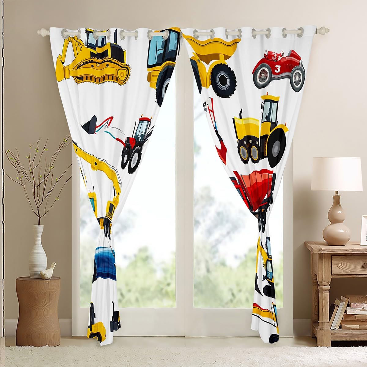 **Kids Construction Theme Window Curtains - Excavator, Tractor & Bulldozer Truck Design, 52