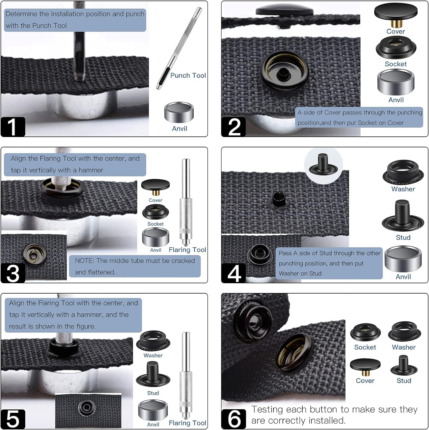40-Piece (10 Sets) 5/8 Inch (15mm) Stainless Steel Snap Fastener Kit - Snap Buttons for Leather, Bags, Jeans & Fabric - DIY Sewing & Clothing Repair Tool (Black) - Perfect for Jackets, Purses, Denim & Craft Projects